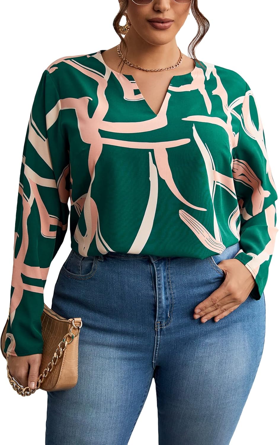 SOLY HUX Women's Plus Size Allover Printed Notched V Neck Long Sleeve Casual Blouse Tops