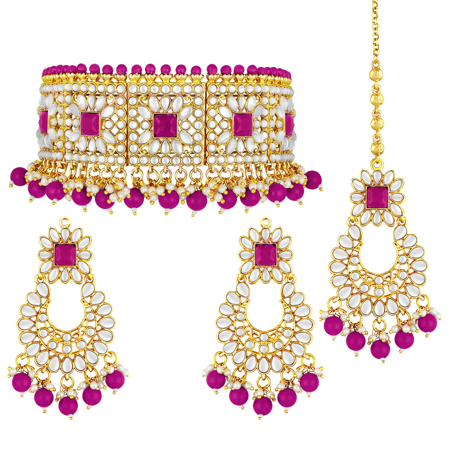 Peora Rani Padmavati Dulhan Bridal Kundan Faux Pearl Choker Necklace with Earrings Maang Tikka for Women Girls Indian Traditional Jewellery set Rani Pink (B08PP9TVYV) Amazon Price History, Amazon Price Tracker