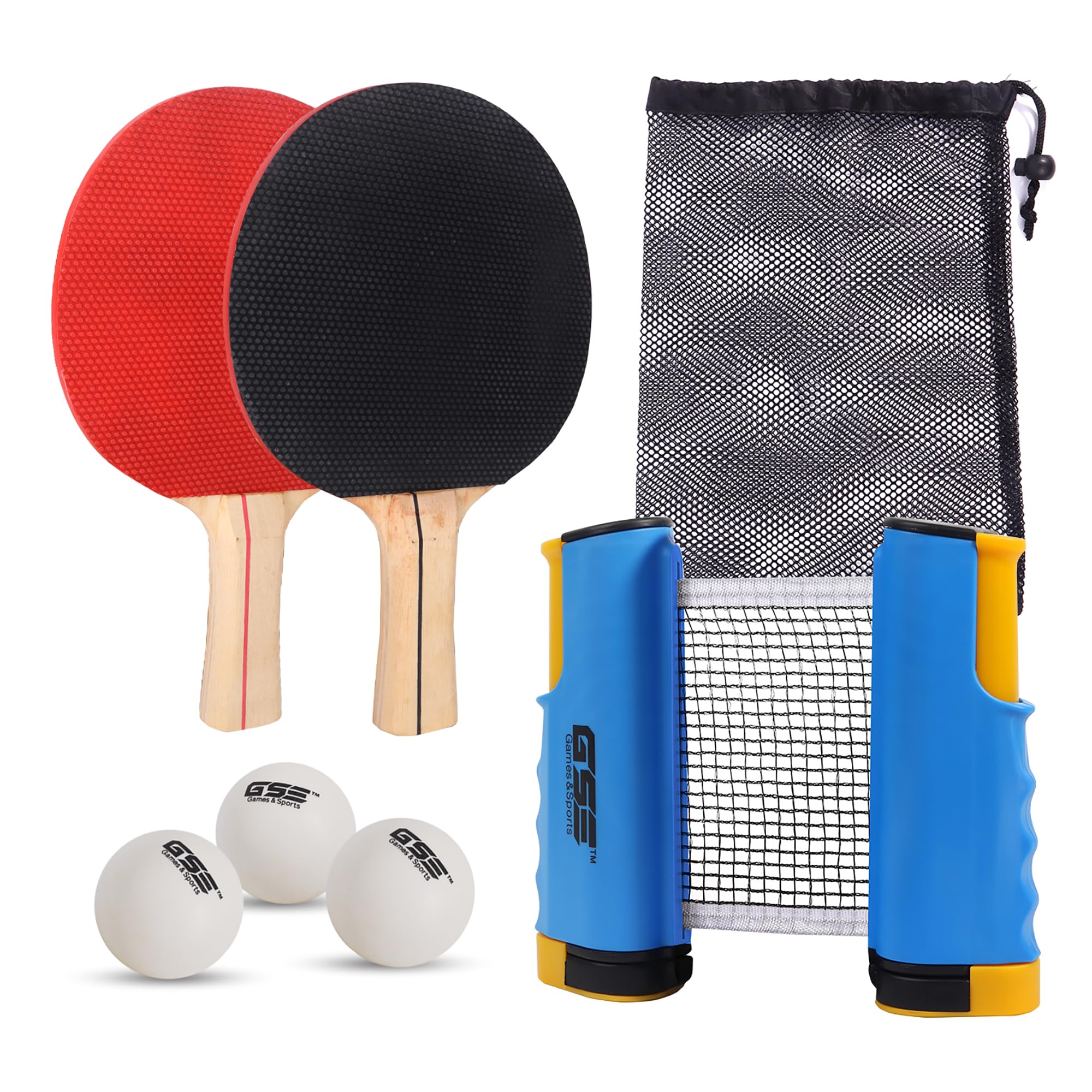 GSE Games & Sports Expert Adjustable Retractable Ping Pong Net Set & Post. Professional Table Tennis Rackets and Balls, Net with Posts and Storage Bag - Pingpong Paddle and Game Table Accessories.