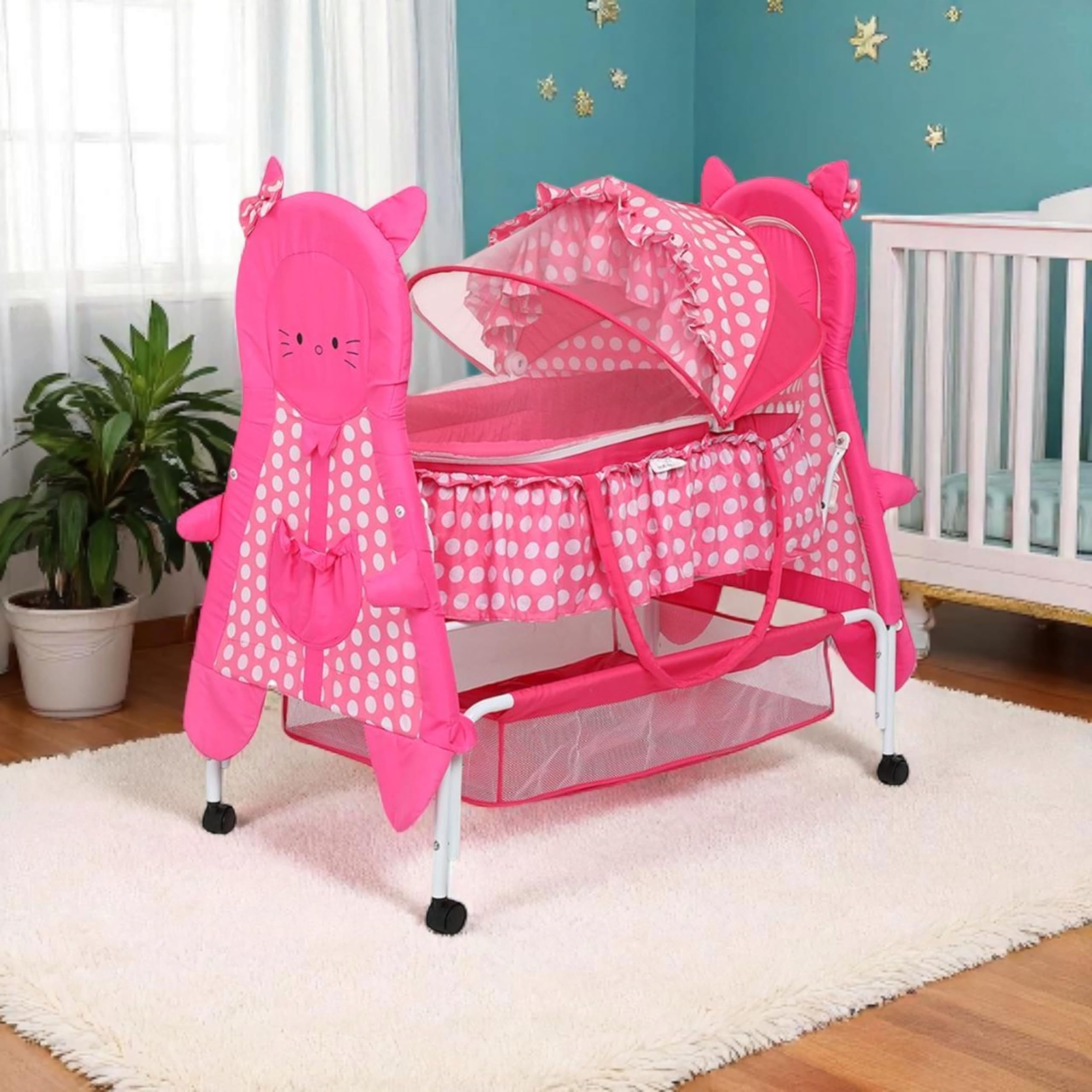 Kiddery Bella+Baloo | Baby Bassinet | Sleep Safely & Comfortably | Mosquito Net Protection | Lightweight & Compact Design | Detachable Basket | All Wheel Lock | Girls | 0-8 Months | Pink