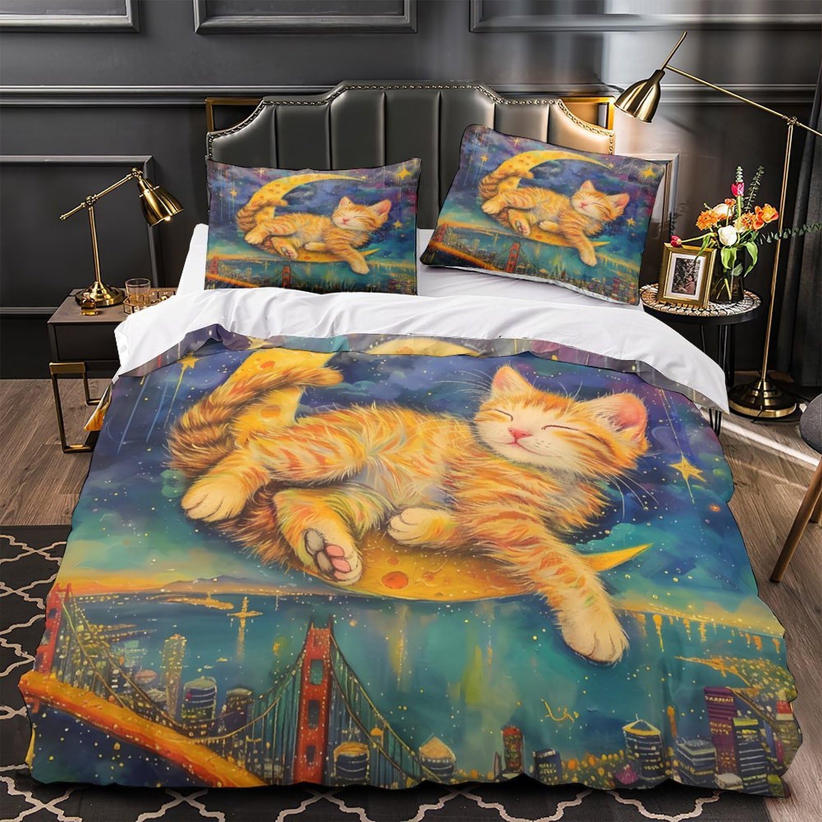 MMDASBVPE Sleeping Kitten Duvet Cover 3D Print All Season 3-Piece Bed Set Hidden Zipper fantasy Dream Quilt Cover Premium Wrinkle-Resistant for Teens Adults Kids Women Girls Boys Double（200x200cm）