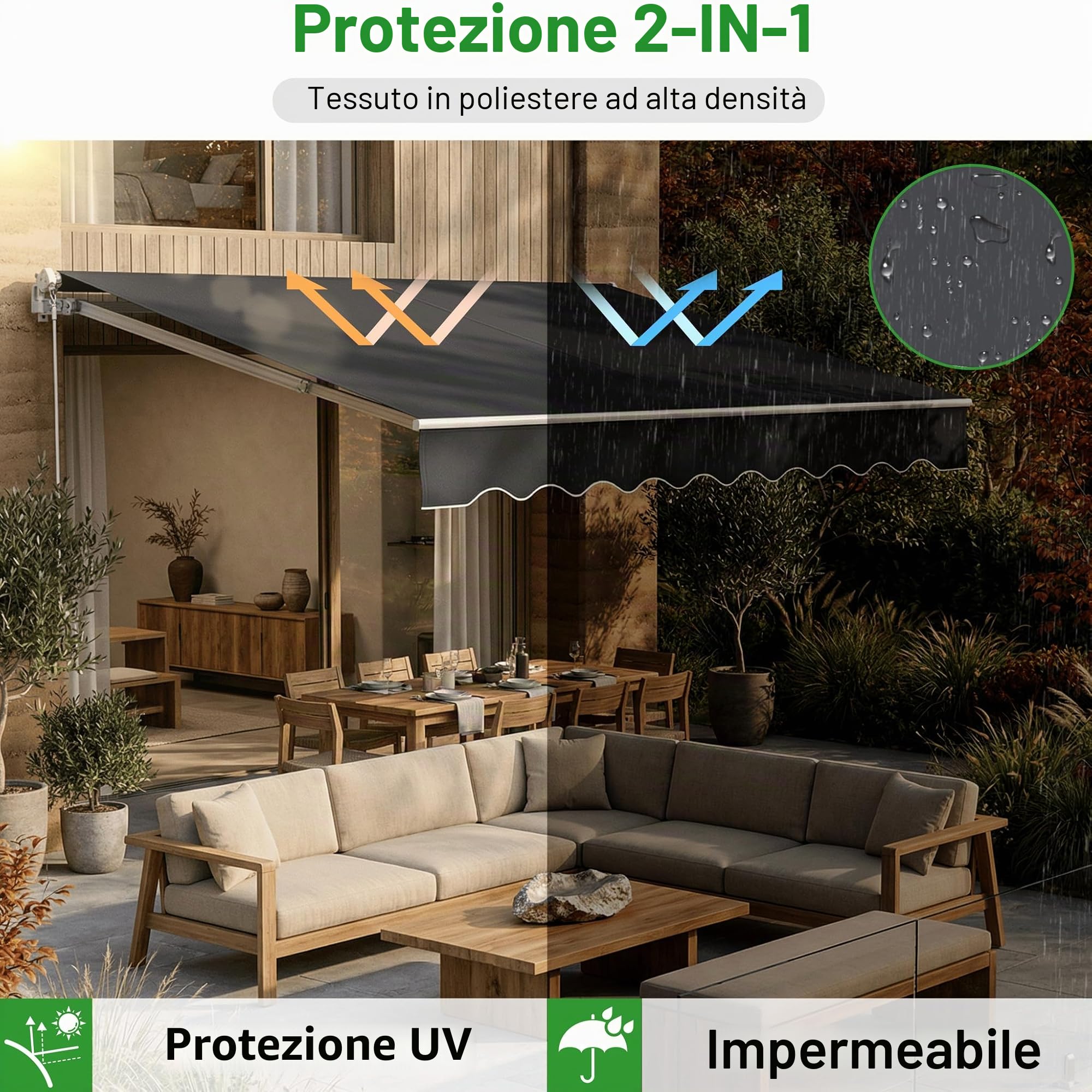 HENGMEI Tenda da sole per balcone, con braccio snodato, 360 x 300 cm, con manovella, protezione solare per cortili, balconi, grigio
