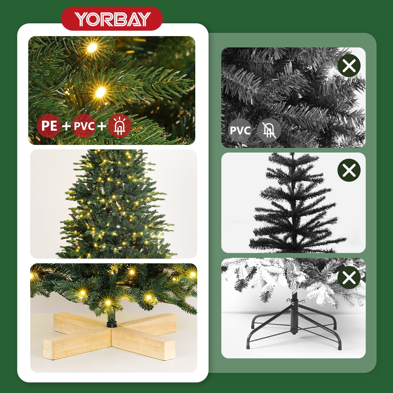Yorbay Künstlicher Weihnachtsbaum mit Beleuchtung LED: 150 cm Naturgetreu | Mehrweg Tannenbaum mit Stabil Holzständer für Weihnachten Dekoration - Premium Nordmanntanne aus PE&PVC und Dichte Zweige