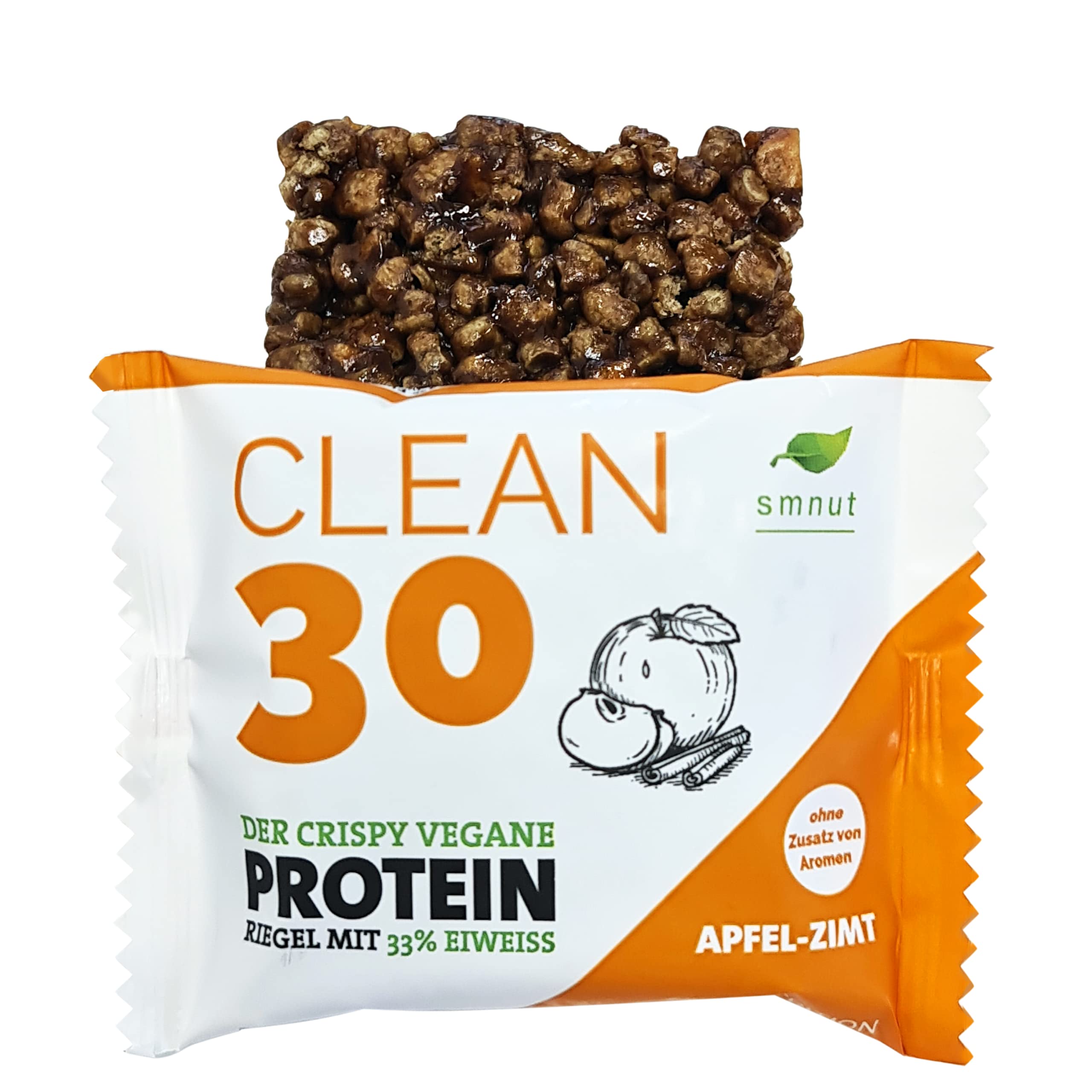 Chrupiący bio-baton proteinowy z 33% białka | cynamon jabłkowy CLEAN30 | bez aromatów, bez substancji słodzących | wegański, wysokowęglowodanowy | prawdziwy smak z naturalnych składników | opakowanie 12 szt