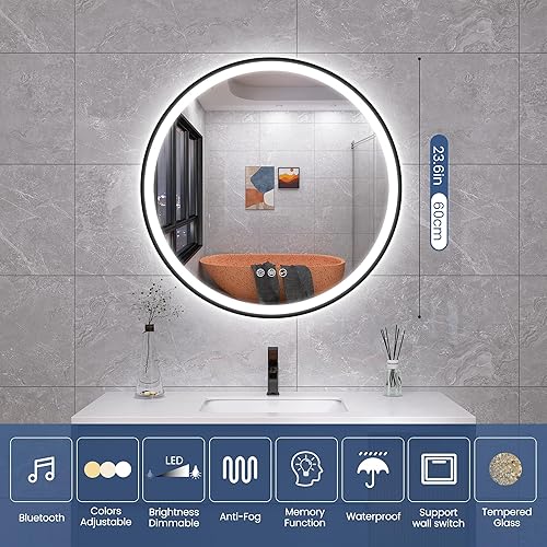 Miniatura 9 de Espejo LED para baño-con luces, 24" montado en la pared con altavoz Bluetooth, antivaho, brillo regulable de temperatura de 3 colores, resistente al