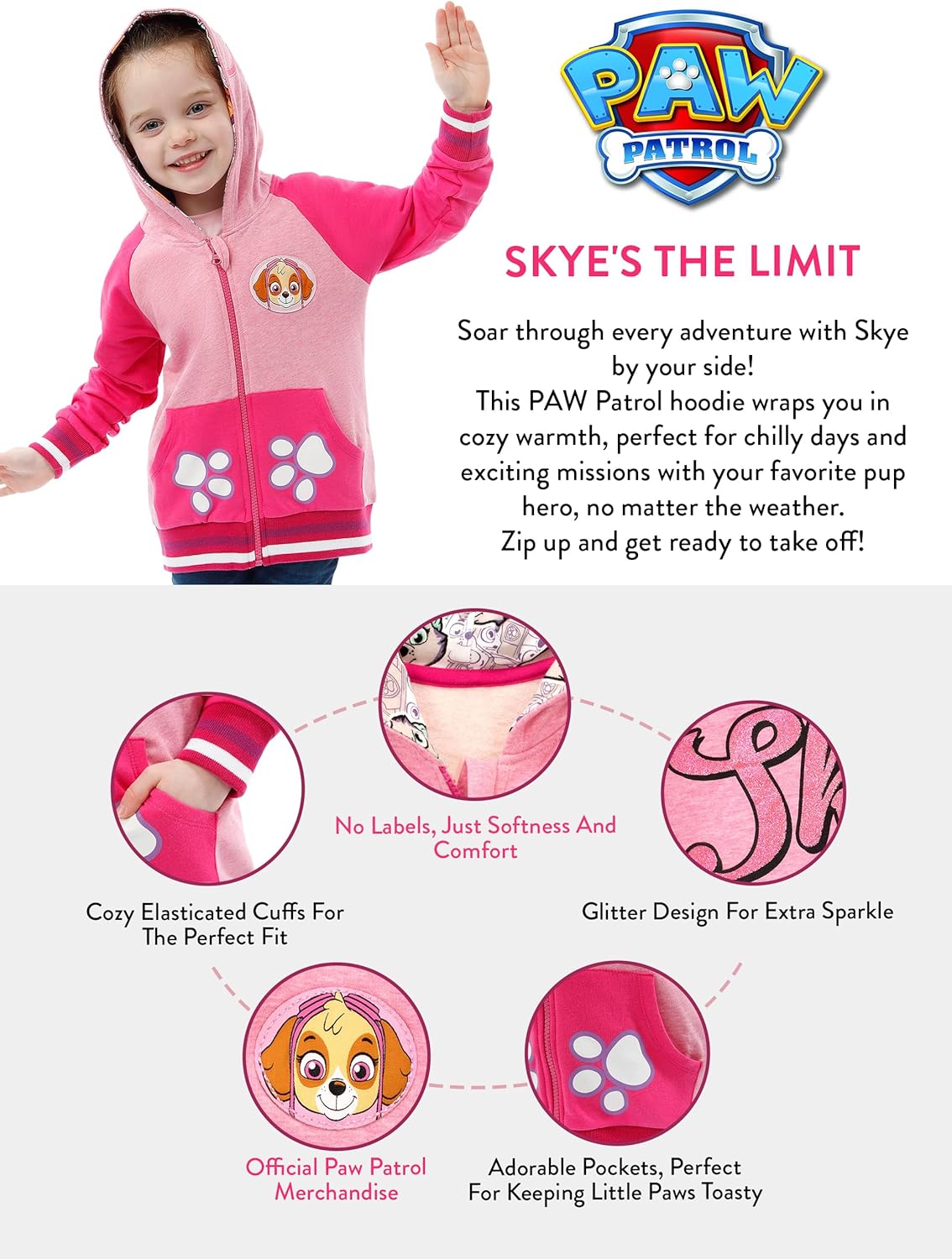 Paw Patrol Hoodie | Skye Girls Hoodies | Glitter Zip up Sweatshirt for Kids
