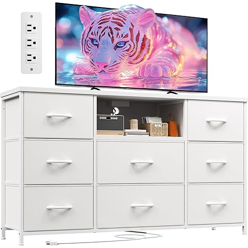 EnHomee White Dresser for Bedroom with Power Outlets, 55" TV Stand with 8 Drawers, Fabric Dressers & Chest of Drawers with Wood Top,Sturdy Metal Frame for Living Room, Closet,Entryway
