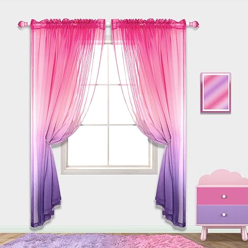 Miniatura 4 de Cortinas rosas y moradas para dormitorio de niñas, juego de 2 paneles de cortinas traslúcidas de princesa para niños, decoración de habitación de