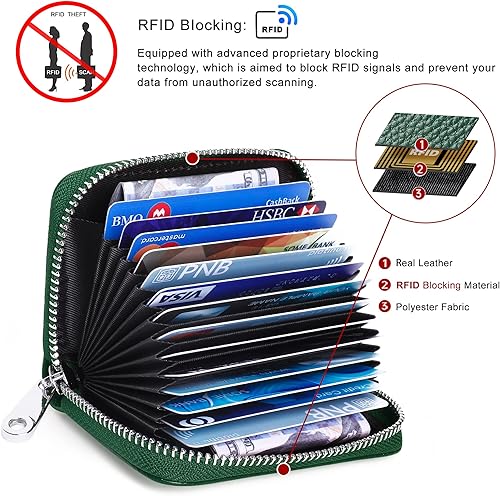 Miniatura 3 de FEITH&FELLY Cartera de cuero genuino para tarjetas de crédito RFID con cremallera pequeña para mujeres y hombres, Verde oscuro, Classic