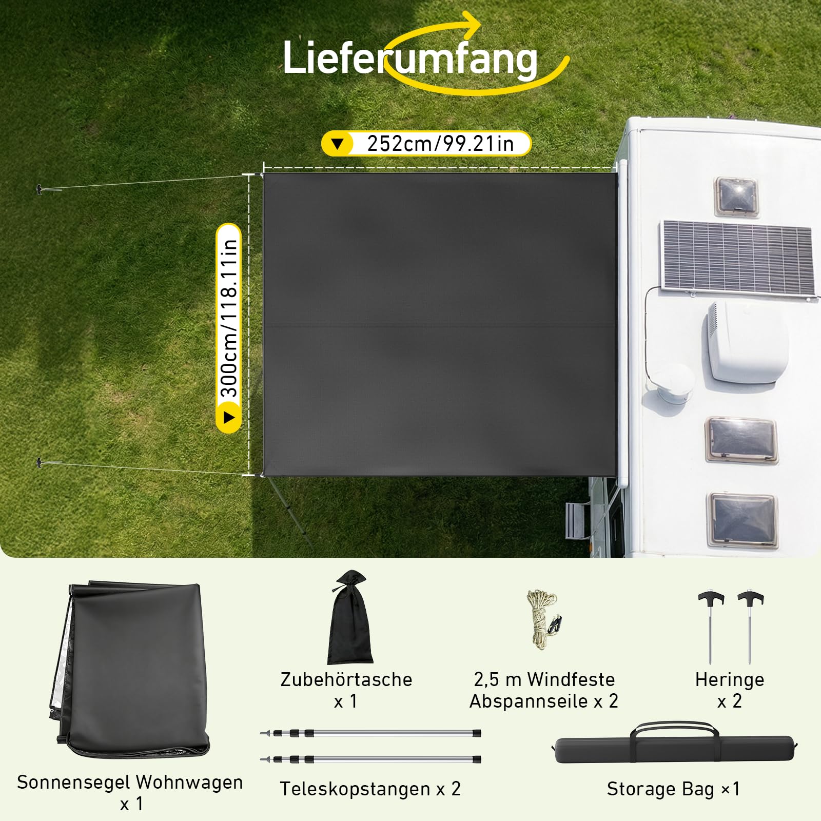 Sonnensegel Wohnwagen mit Keder 3 x 2,5 m, Markise mit Stangen, 3000mm Wasserdicht & UPF 50+ Schutz, Kederschiene 5/7/10 mm, Vorzelt Plane für Camper Wohnmobil
