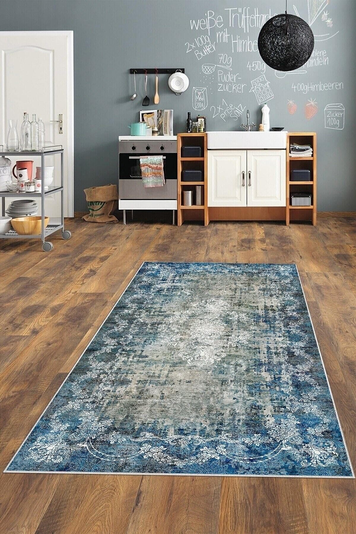 Pelangi Mavi Zemin Çiçek Desenli Yıkanabilir Kaymaz Taban Leke Tutmaz Modern Salon Halısı Ve Yolluk, Mavi-Gri 180 x 300, 74571213180300728