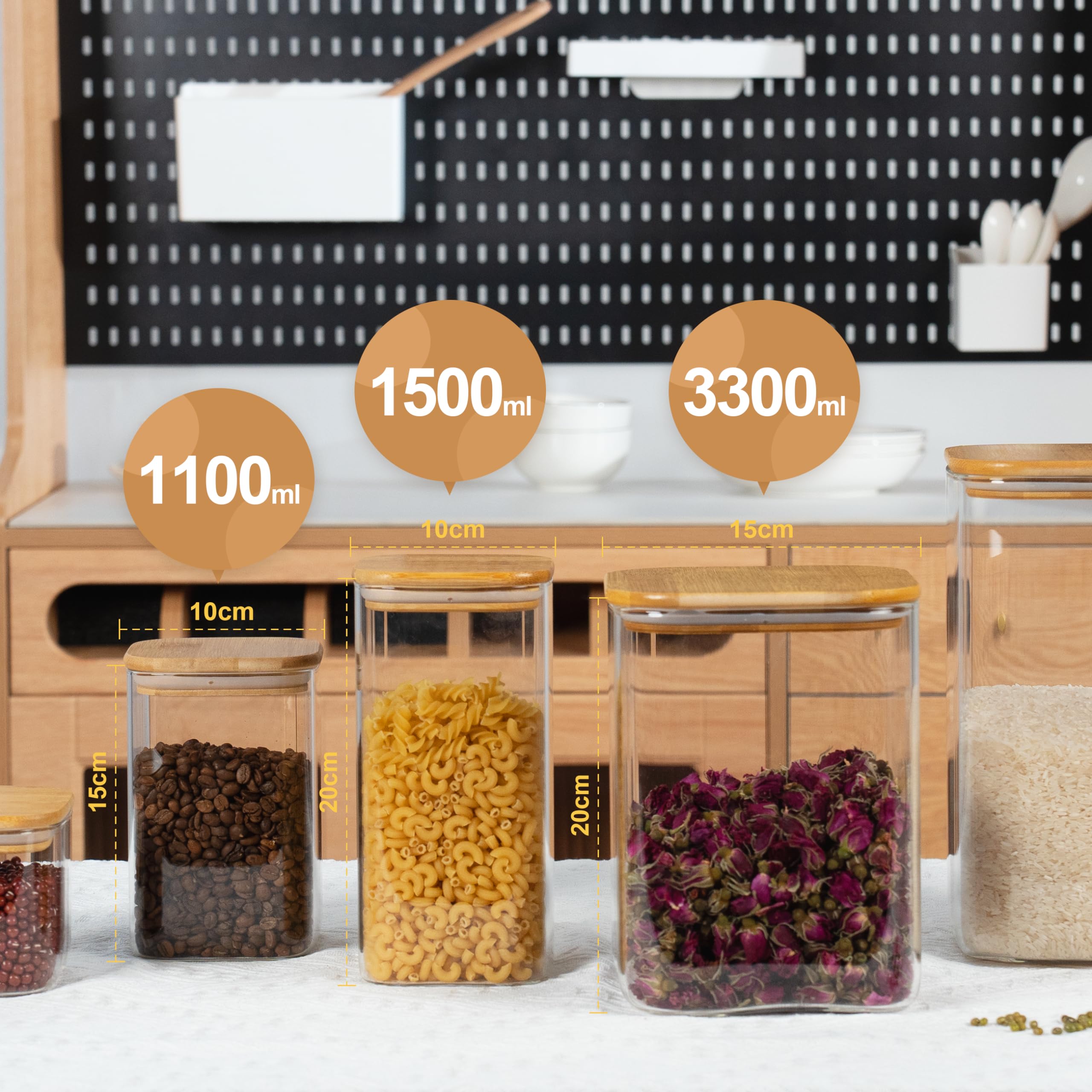 D2scrma Quadratische Vorratsdosen aus Glas mit Bambusdeckel, luftdicht, 3600 ml x 1 1200 ml, große Vorratsdose, für Zucker, Mehl und Kaffeebohnen (mit schwarzem Etikett)