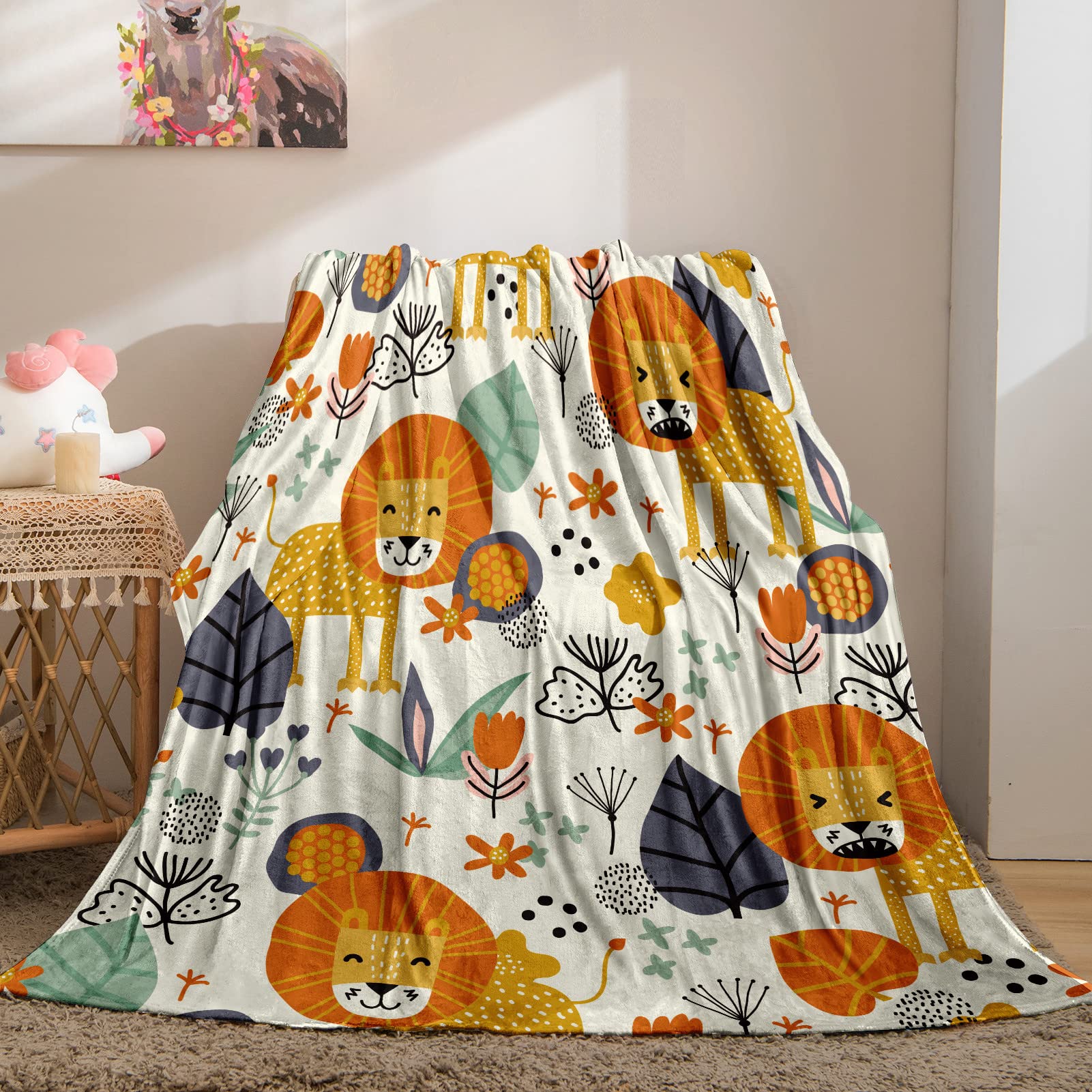 YUANZU Lion Blanket Throw, Kids Boys Girls Childish Jungle Tropical Plants Pattern Soft Cozy Flannel Baby Blanket, Warm Lightweight Plush Throw Couch Sofa Bed Cover, Gifts for Nursery 40x50 inch