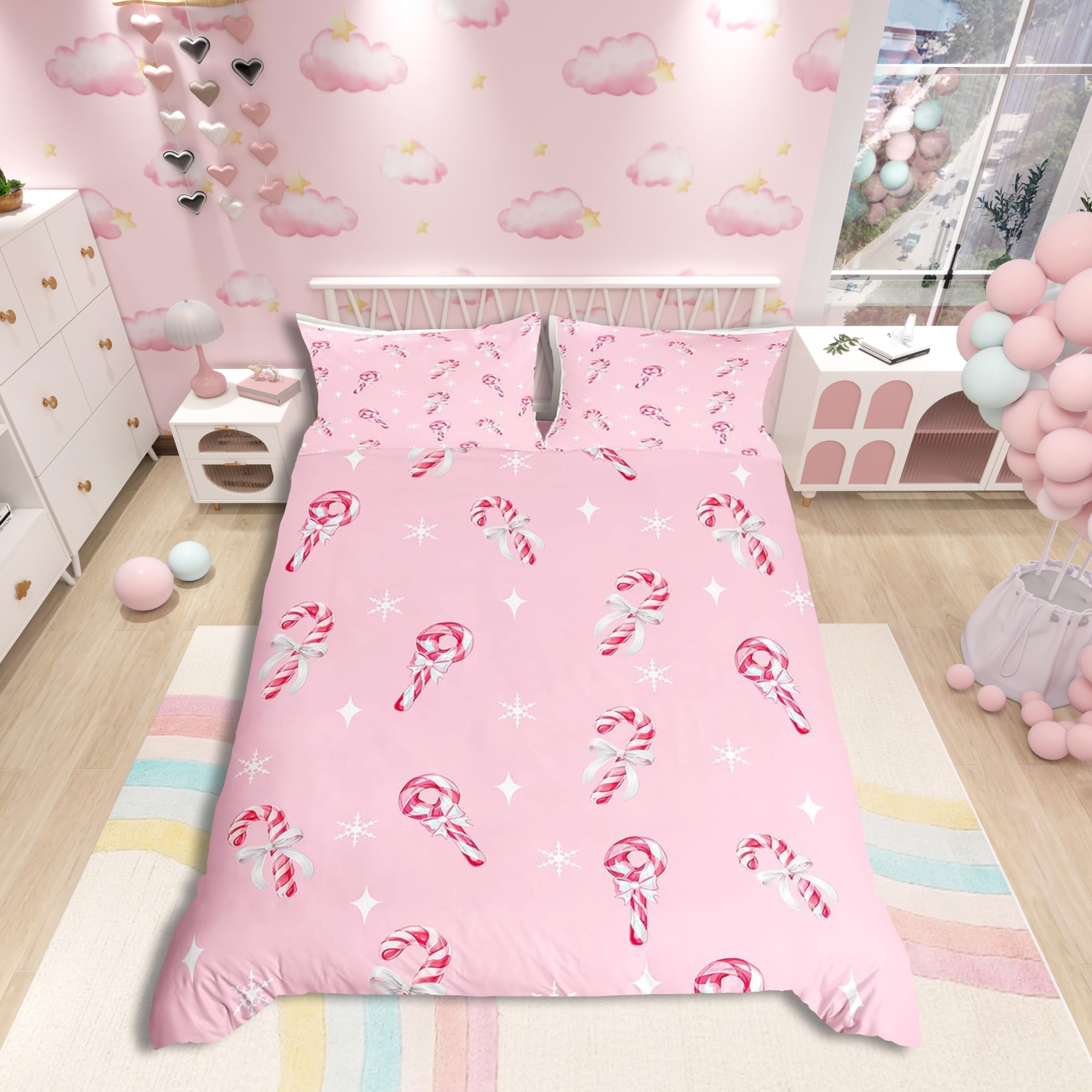 Christmas Candy King Size Duvet Cover,White Bowknots Ribbon Bow-tie Starry Princess Duvet Cover for Adults Teens,Winter Snowflake Xmas Gifts Bedding Set(No Comforter),Pink,3Pcs