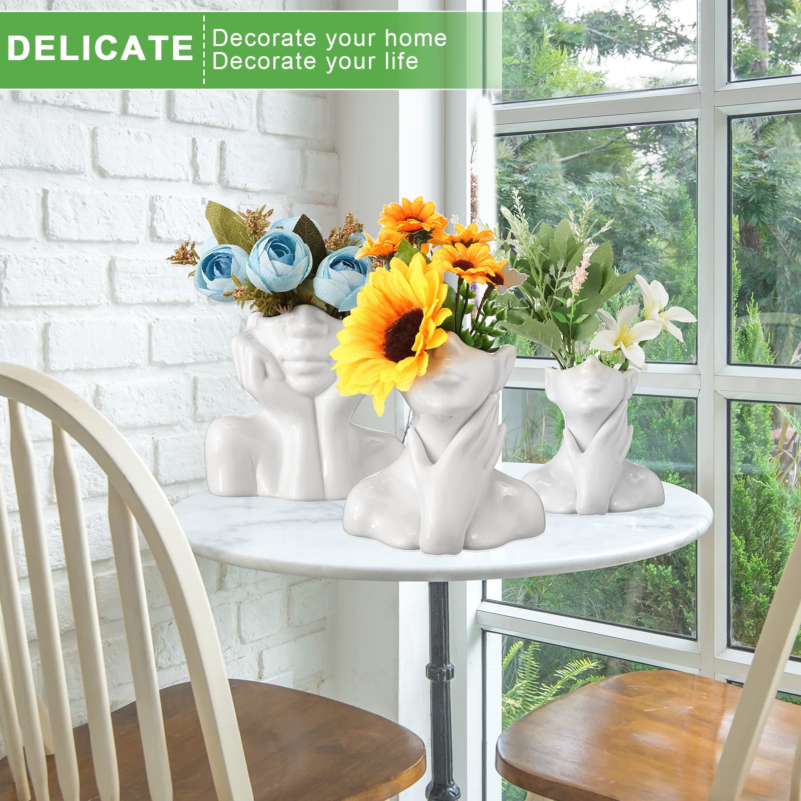 Sieral 3 vasi da fiori in ceramica a forma femminile, per la decorazione moderna, vaso decorativo per il corpo, vaso a testa a metà busto per tavolo, mensola, casa, camera da letto, ufficio (grande,
