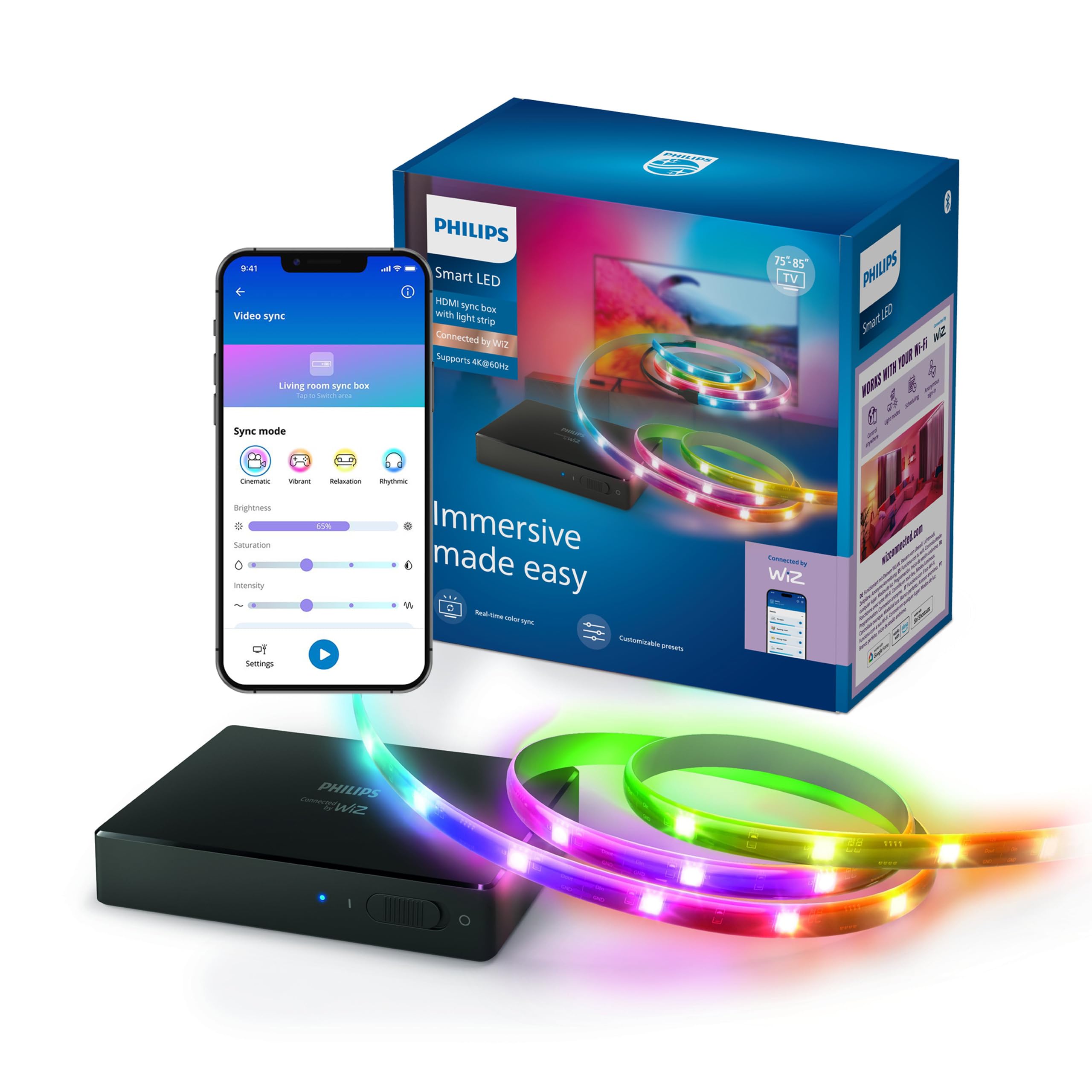 Philips Smart Lighting HDMI Sync Box, Striscia LED RGBIC per TV 75-85" | Luce dietro TV, Dimmerabile, Sincronizzazione con film e musica, HDMI 2.0 4K a 60 Hz, Smart Home, Compatibile con WiZ