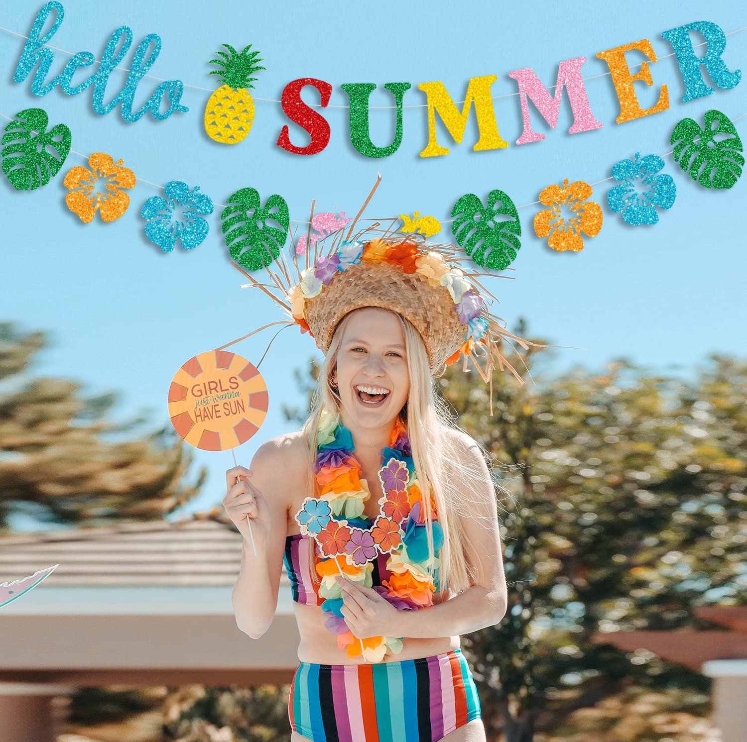 Glittery Hello Summer Banner - Tropical Hawaiian Luau Party Decor - Pre-Assembled Bunting For Indoor & Outdoor - View #4