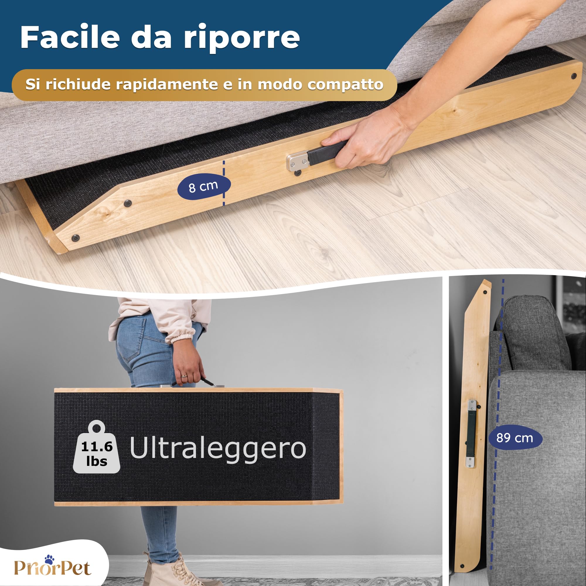 Rampa per Cani Piccoli o Grandi - Regolabile 18-53 cm - Per Letto e Divano - Legno di Betulla - La Piattaforma Si Collega Perfettamente - Rampa Pieghevole - Naturale