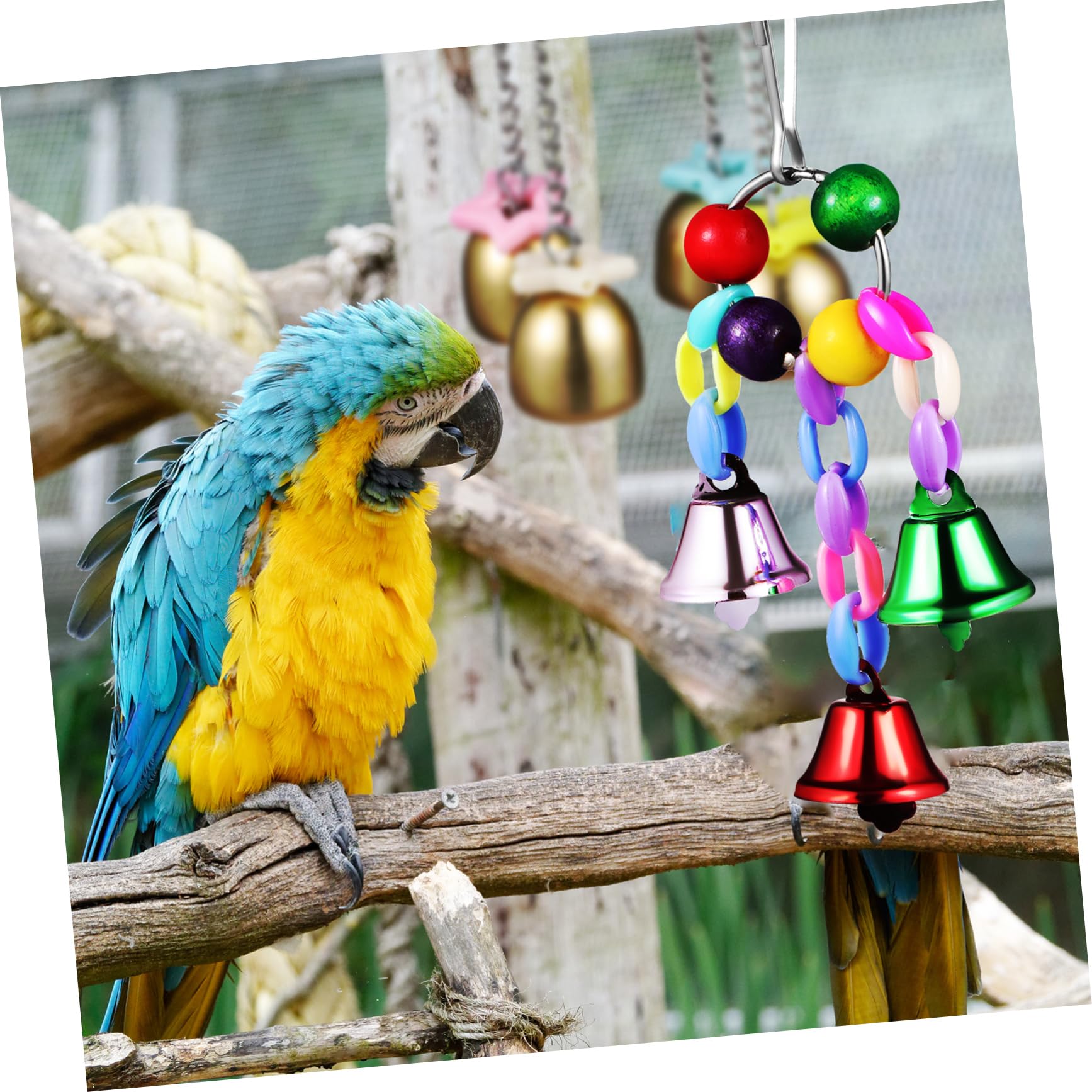 Totority 2Pcs Parrot Hanging Bell Colorful Bird Chewing with Ringing Bells for Parakeet Cockatiel Conure Durable Easy to Install for Entertainment Cage