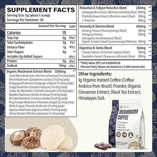 Miniatura 2 de Café de hongos, 11 hongos superalimentos que incluyen melena de león, reishi, chaga y ashwagandha, café de hongos instantáneo orgánico para energía,