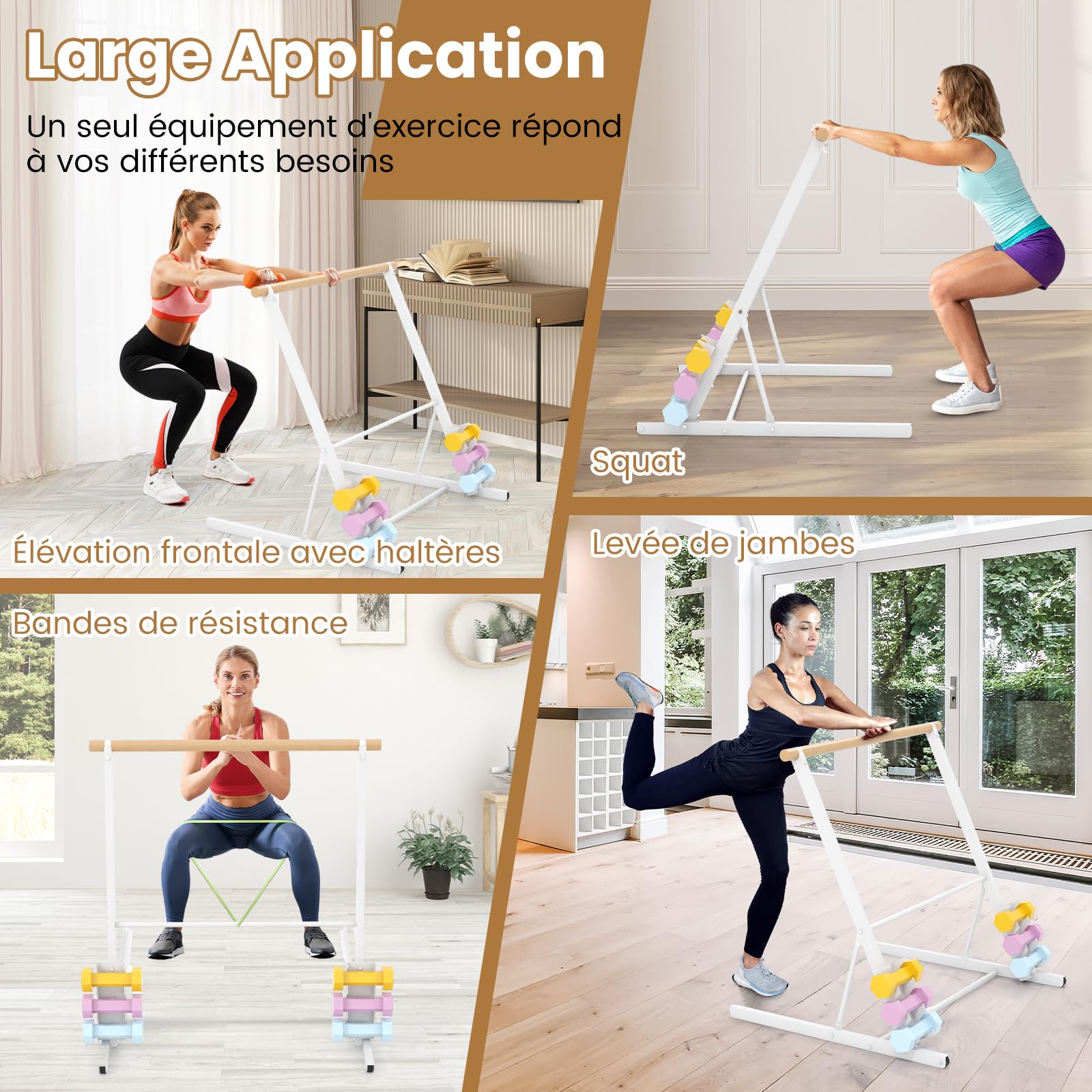 COSTWAY Barre de Danse Classique Autoportante Charge 80KG, Barre de Ballet Extensible sur Pied Support en Métal avec Roues et Supports de Poids, Pose Libre pour Yoga, Exercice