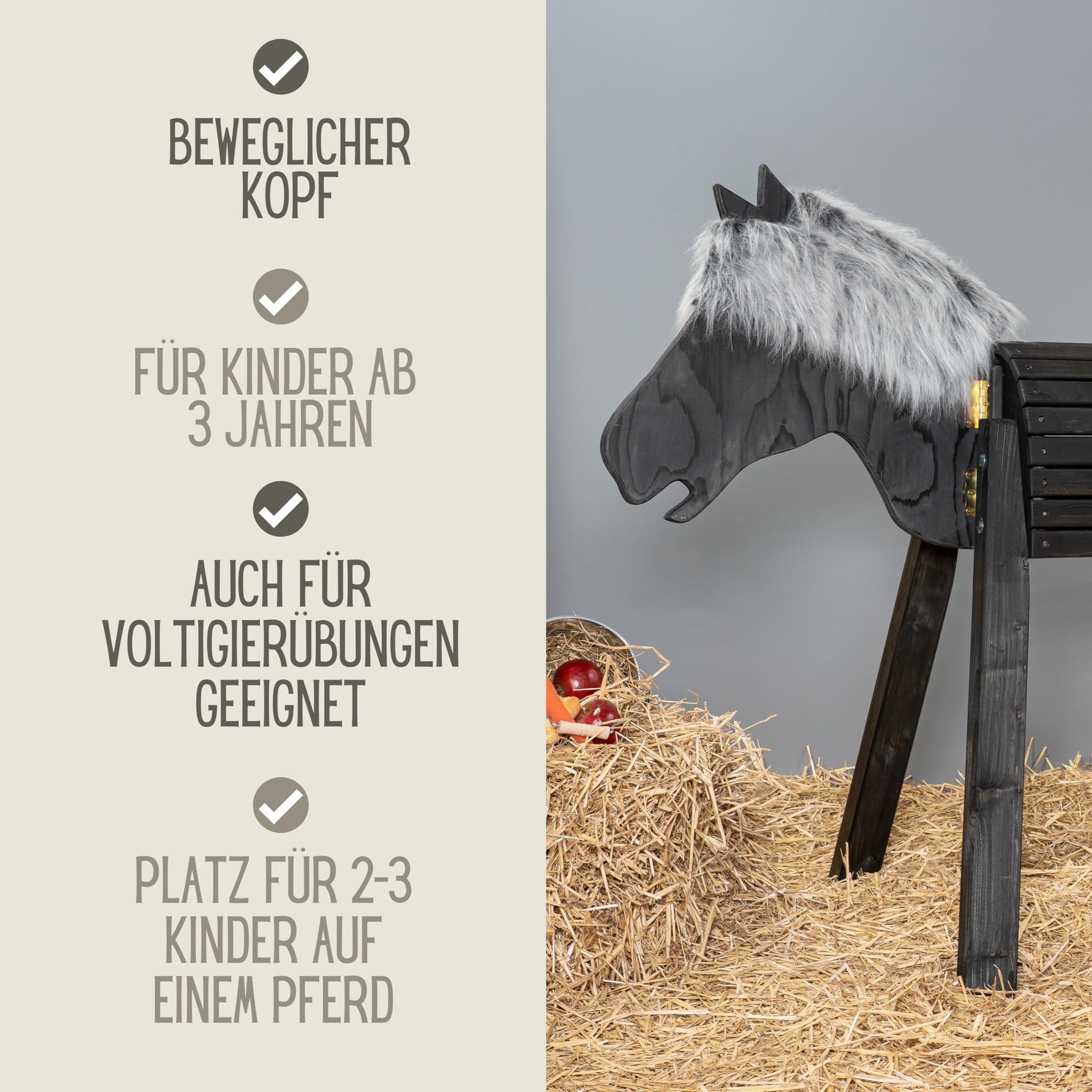 Wolle 100cm für draußen Reitpferd Garten Voltigierbock für Kinder, Stehpferd groß, Gartenpferd handgefertigt aus Deutschland, Voltigierpferd Holzpony mit Mähne