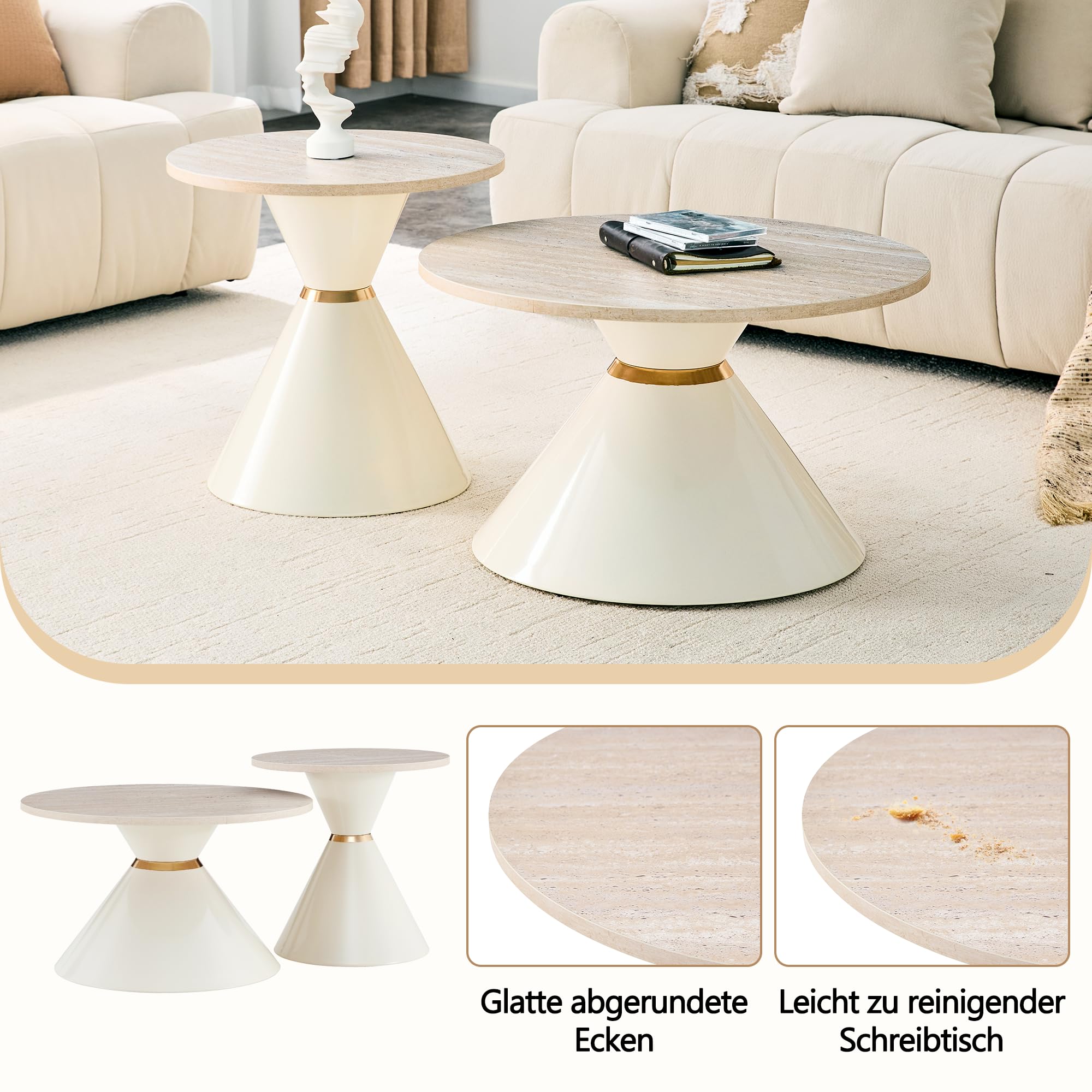 2er Set Runde Couchtische mit Steinoptik(Beige) | Modernes Couchtisch- und Beistelltisch-Set – ideal für Wohnzimmer, Schlafzimmer, Balkon, Empfangsbereich und Büro.