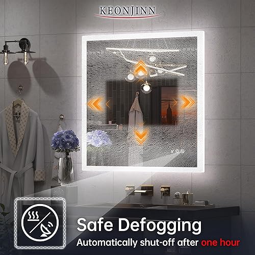 Miniatura 6 de Keonjinn Espejo LED de 36 x 36 para baño con luces con sensor de acrílico, espejo frontal y retroiluminado de 3 colores de temperatura antivaho