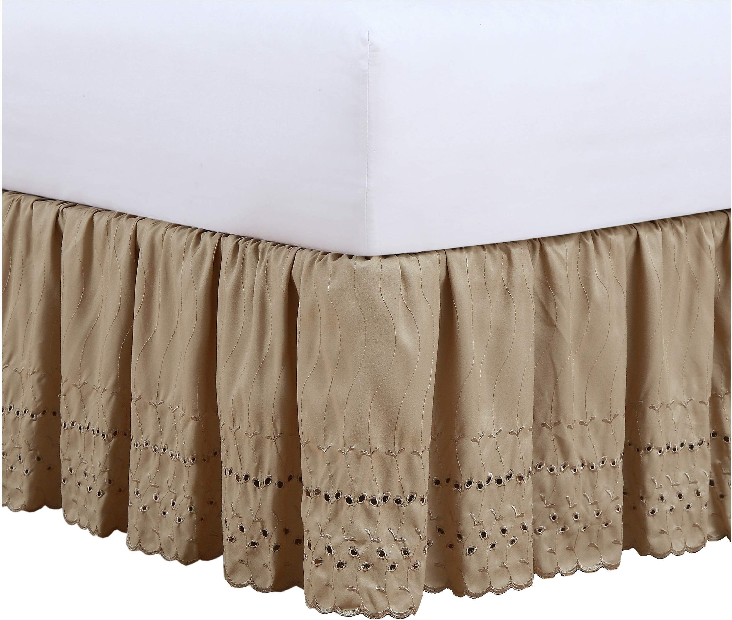 FRESH IDEAS Eyelet Bed Skirt Dust Ruffle Embroidered Details, Classic 14” Drop Length Gathered Styling, Queen, Mocha
