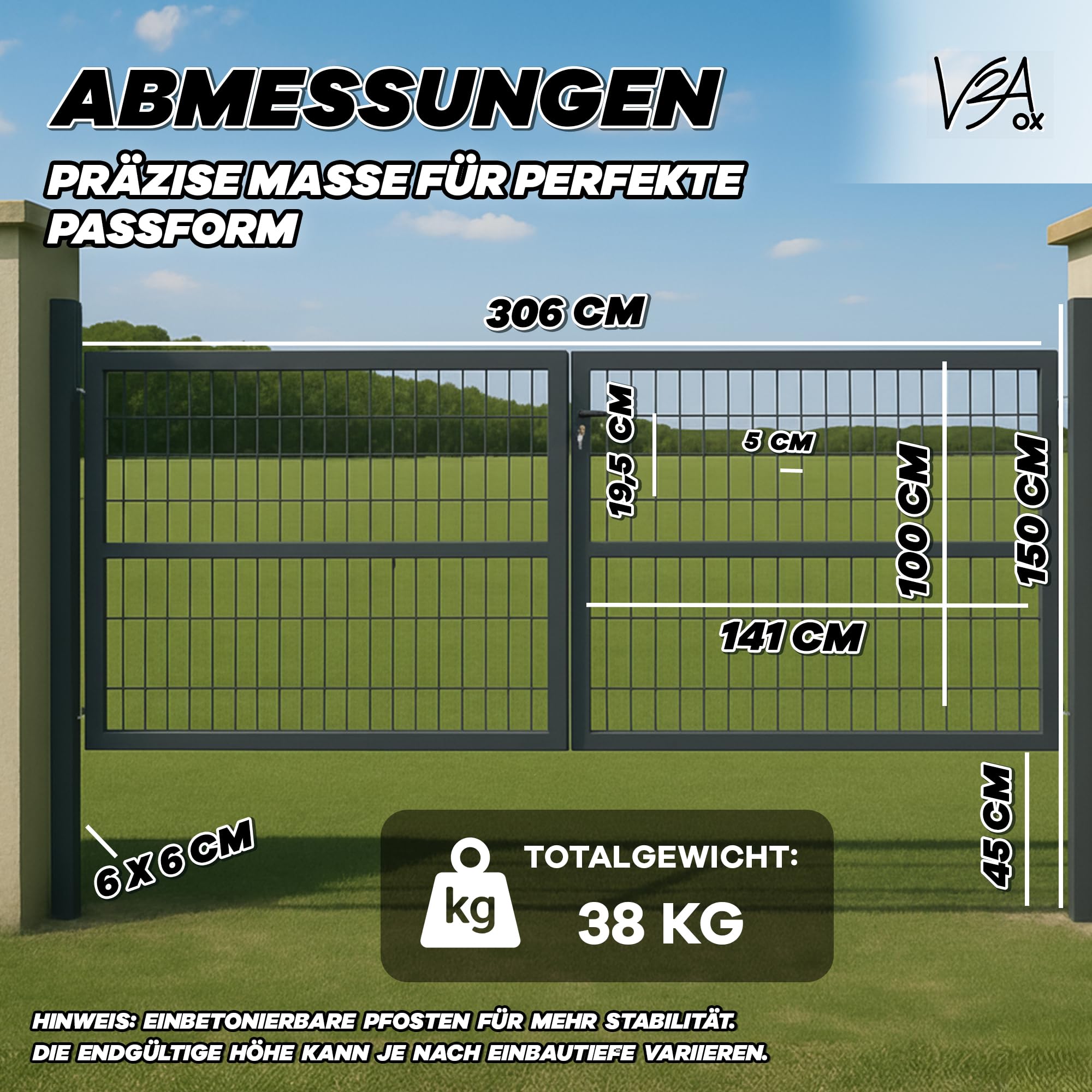 Gartentor Tor Gartenzaun Zaun 300x100 cm Doppelflügelig Gartentür aus Metall für Stabmattenzaun Abschließbar inkl. Pfosten Grau