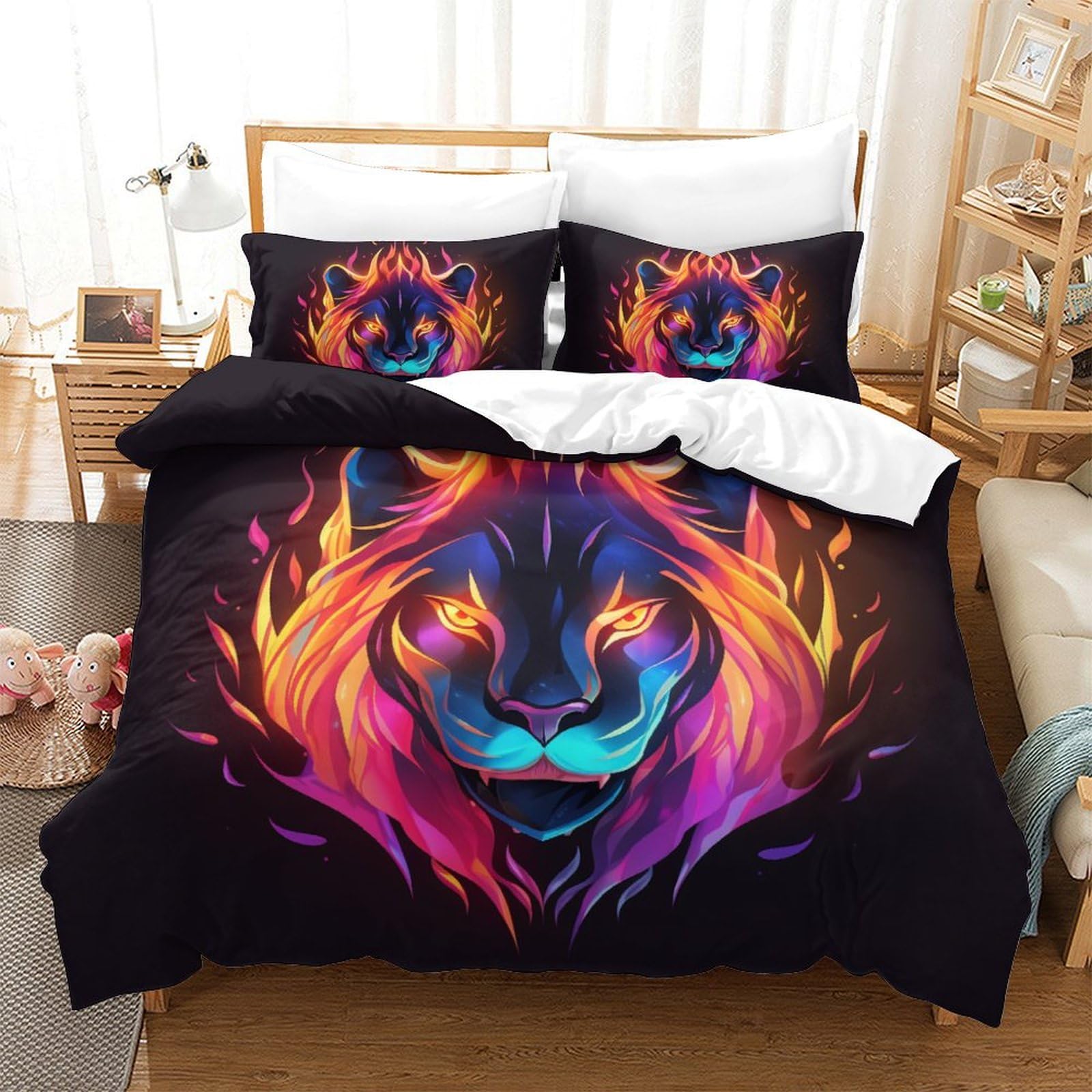 Housse de couette Lion 3D pour chambre d'enfant et adolescent au style savane moderne