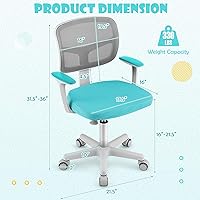 Vista 3 de GLACER Silla de escritorio para niños, silla de estudio giratoria de malla ajustable con ruedas, brazos, silla ergonómica para computadora con Verde