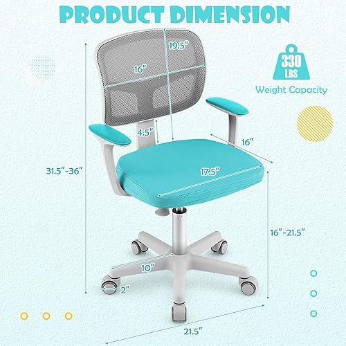 Miniatura 3 de GLACER Silla de escritorio para niños con brazos, silla de estudio de malla ajustable de 330 libras con ruedas para niñas y niños, silla giratoria