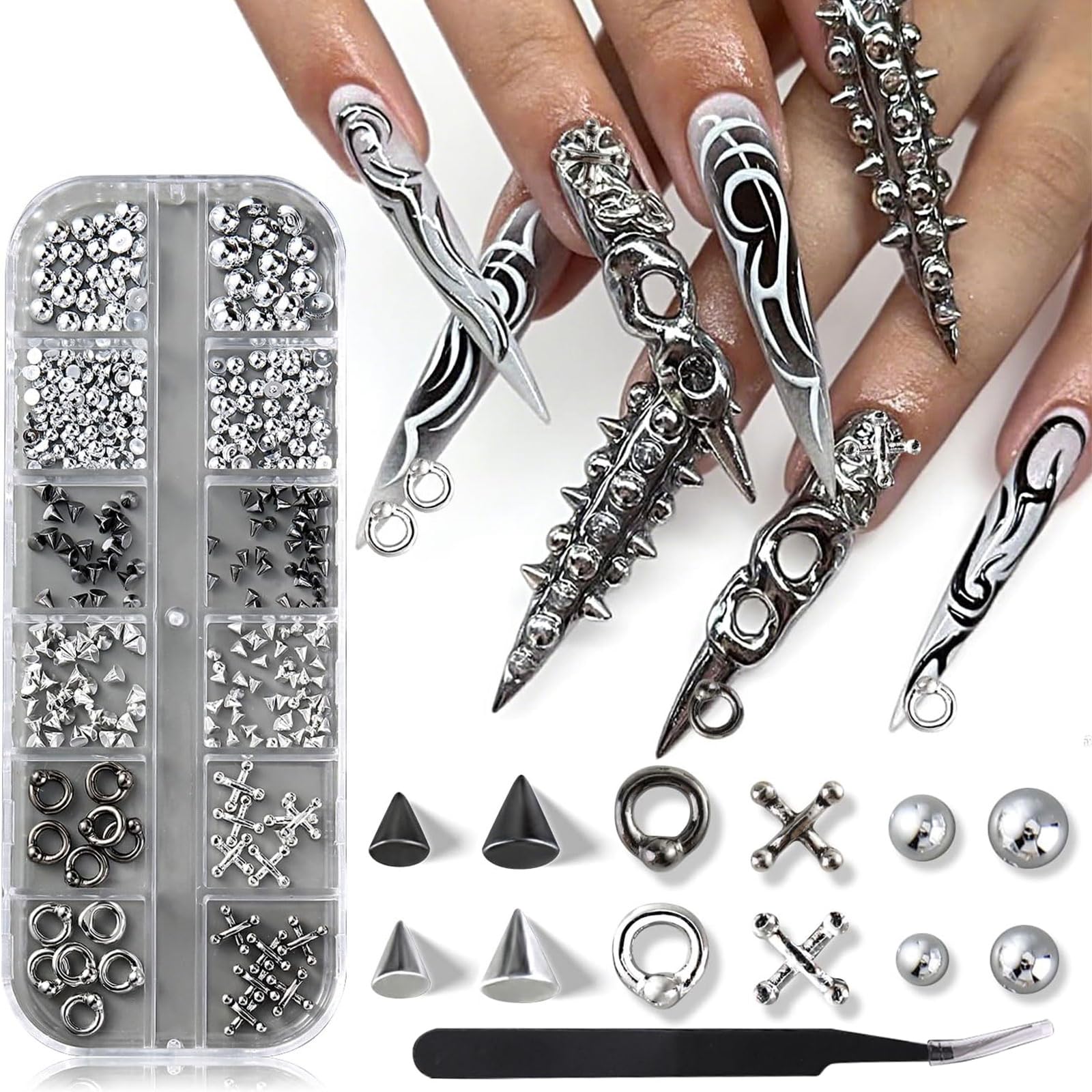 Goth-Nagel-Charms, 3D Traghetti e Borchie Punk-Gothic, perline nere, piercing in lega d'argento, decorazioni Y2K, accessori manicure