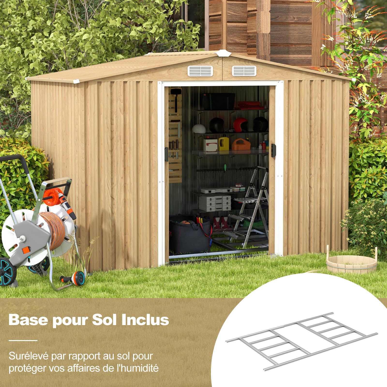 GOPLUS 4,47m² Abri de Jardin Naturel avec Bas, Cabane à Outils en Acier Galvanisé 8,23m³, Résistant aux Intempéries, Porte Verrouillable, Toit en Pente, Bouches d'Aération, pour Jardin (259x196x184cm)