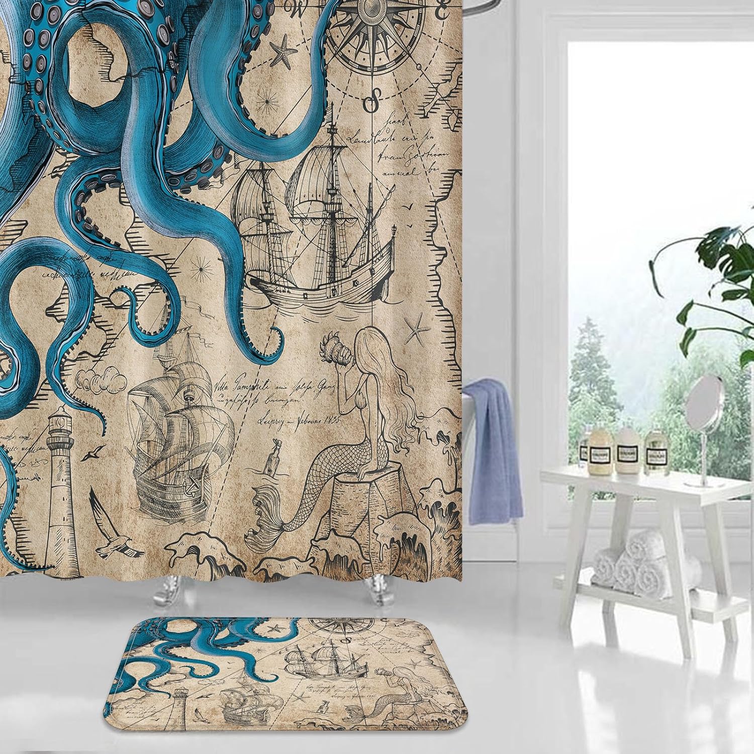 Fungarth Vintage Nautical Octopus Bathroom Rugs Mat Navy Blue Ocean Kraken Mermaid Bath Rug Water Absorbent Non Slip Shower Mat Anchor Coastal Map Memory Foam Bath Mats for Bathroom Decor 32×16In