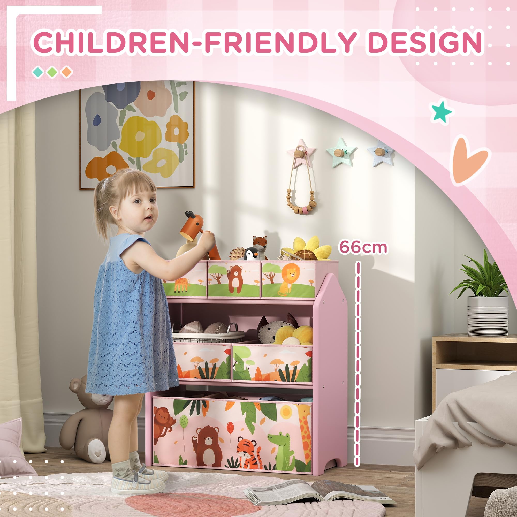 AIYAPLAY Unidad almacenaje 3 Niveles Estante Juguetes Sala Juegos Rosa | 6 cajas de almacenamiento extraíbles, dormitorio, cuarto infantil, cuarto infantil