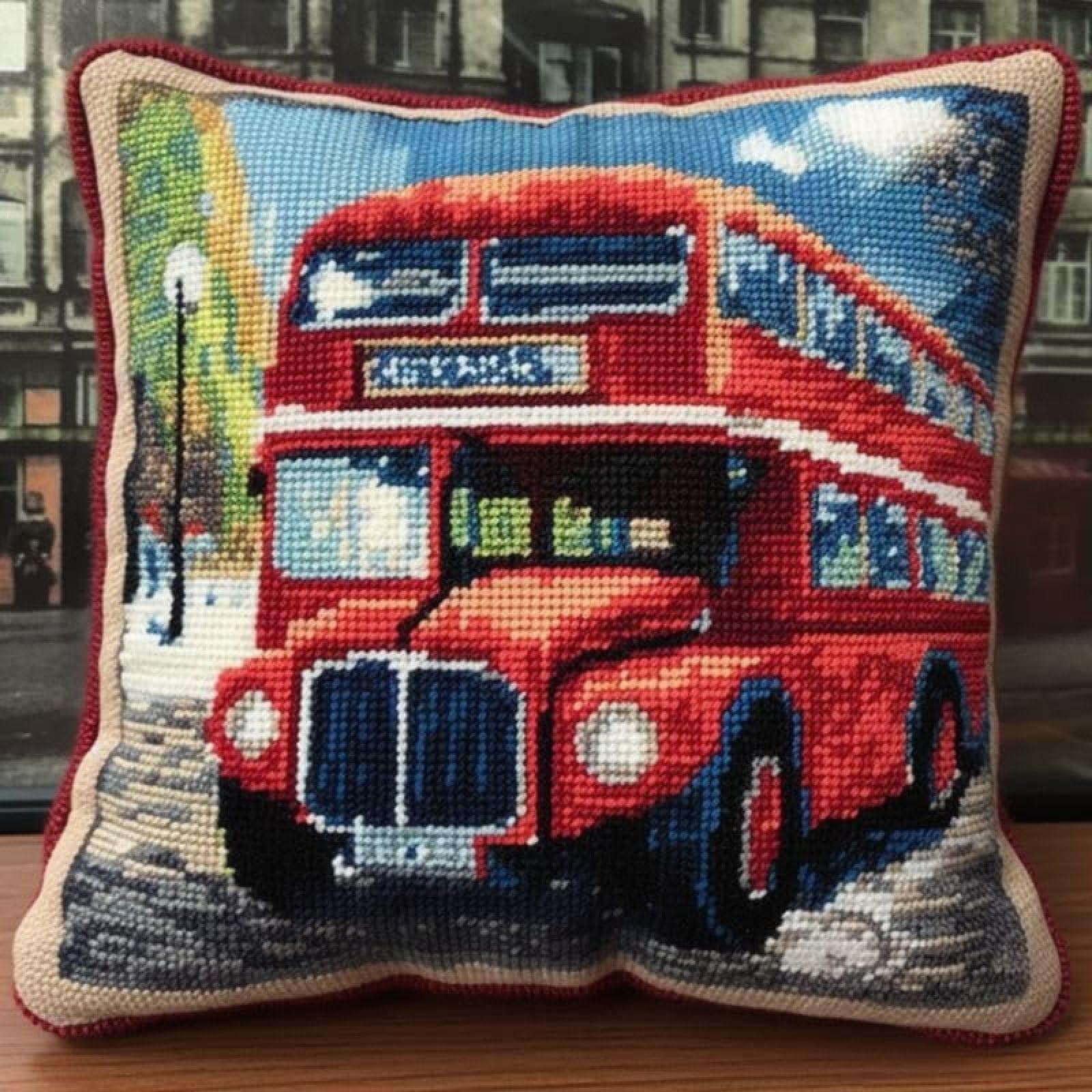 Ansiweigo Multicoloured Red Bus Car Latch Hook Kits Cushion Pillow Cover Set Latch Hook Kits Throw Pillowcase Craft Crochet Needlework Printed Pattern Canvas Cushion Cover Hand Craft 17X17 Inch