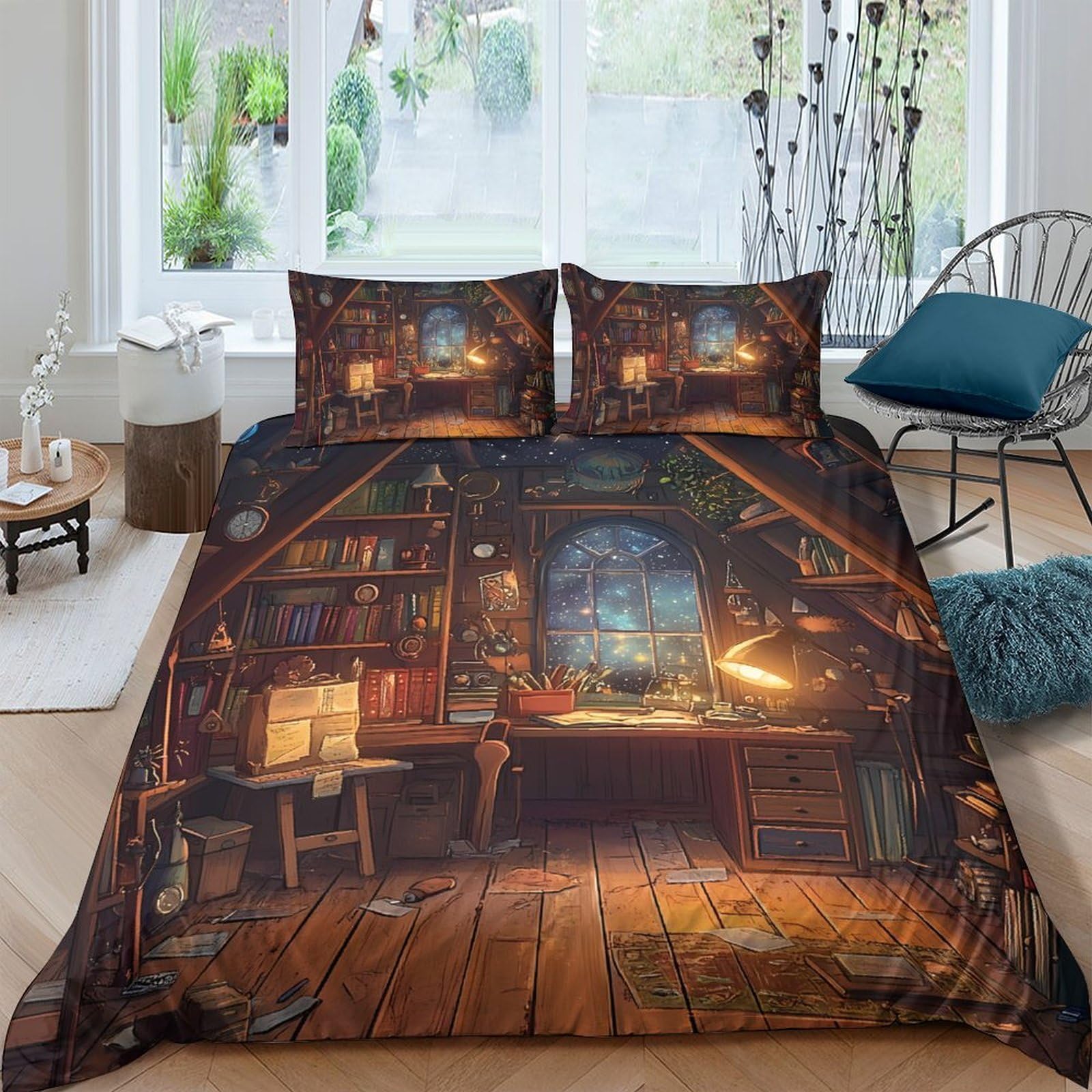 Ctjqhvkz Style-3 3D Printed Vintage Library Fitted Sheet Microfiber Soft Breathable Retro Study Bed Cover For Bedroom Guest Room Decor Single（135X200cm）