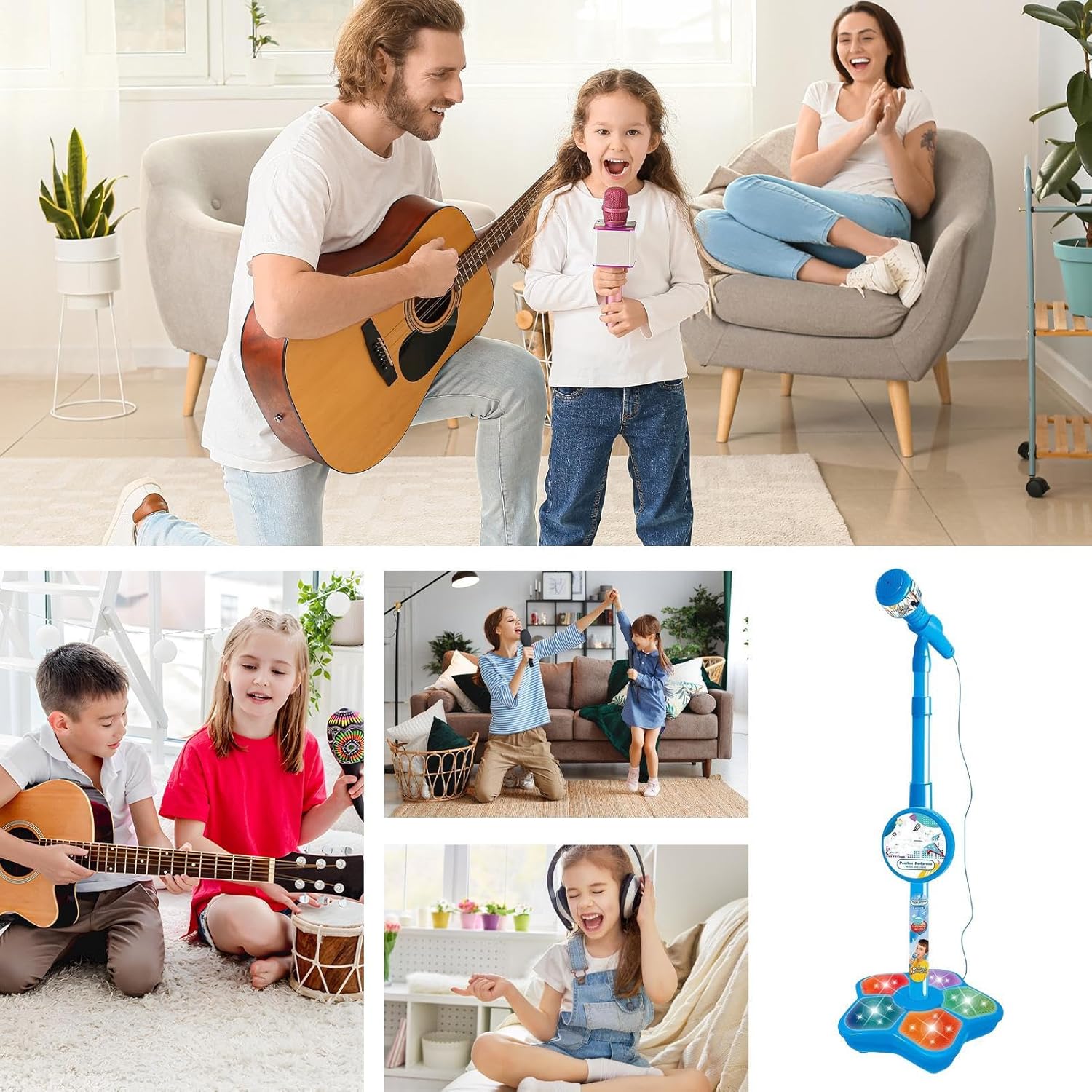 Kids Microphone - Led Stage Light Portable Toy Microphone Speaker Kit with Stand, Karaoke Microphones for Singing Play for Birthday Christmas Party Recording Studio Teens Family Event