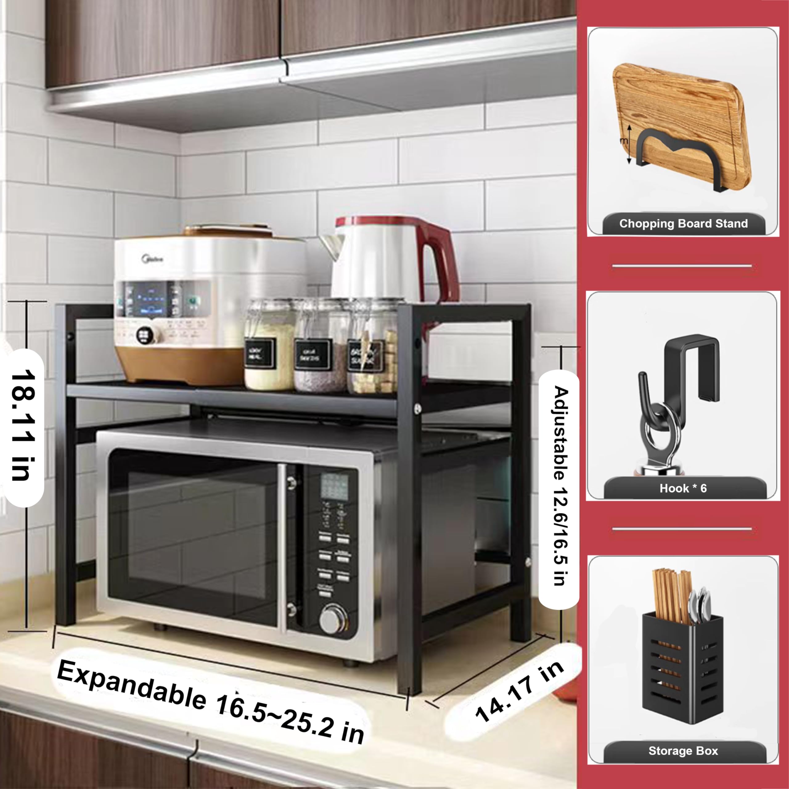 Wivico Mensola Microonde Estensibile con 6 Ganci Regolabili - Scaffale Multiuso per Cucina, Supporto Microonde + Tagliere da Cucina Integrale, Secchio per Raccogliere (Nero)