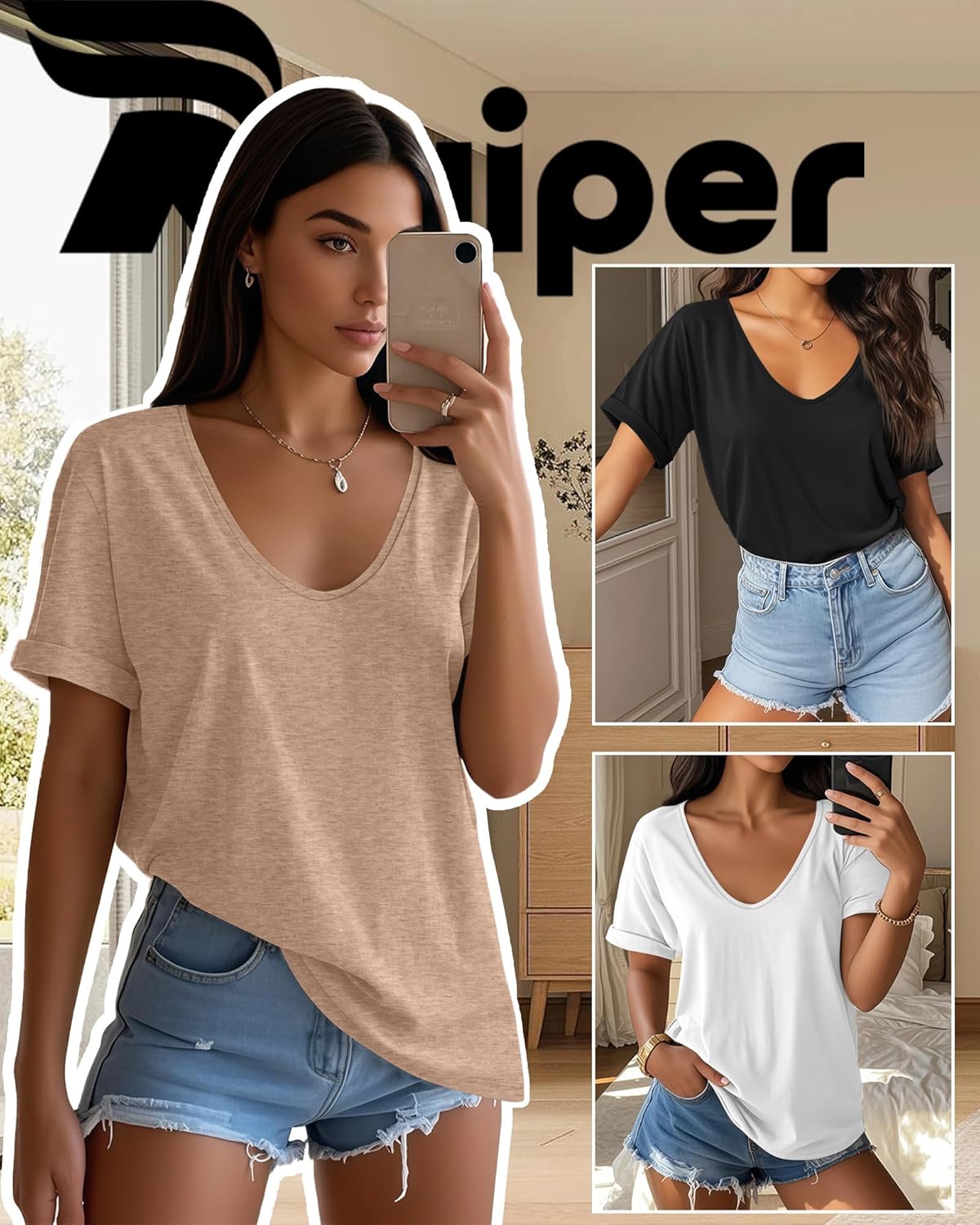 Riyiper 3 Pack Women's V Neck Shirt, Summer Rolled Sleeve Solid Tops Casual Loose Tees Lightweight Basic Soft Tshirt - Image 6