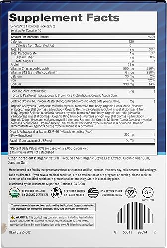 Miniatura 2 de OM Mushroom Superfood Master Blend - Mezcla de hongos y adaptógenos, proteína vegetal cremosa de vainilla, porción individual, 10 unidades, 10