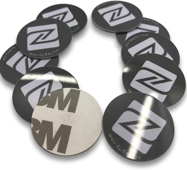 10 X NFC Tags | NXP Chip NTAG213 | 144 Bytes Memory | Hard PVC Sticker | Black round Tags | High Scan Strength | Strong 3M Glue