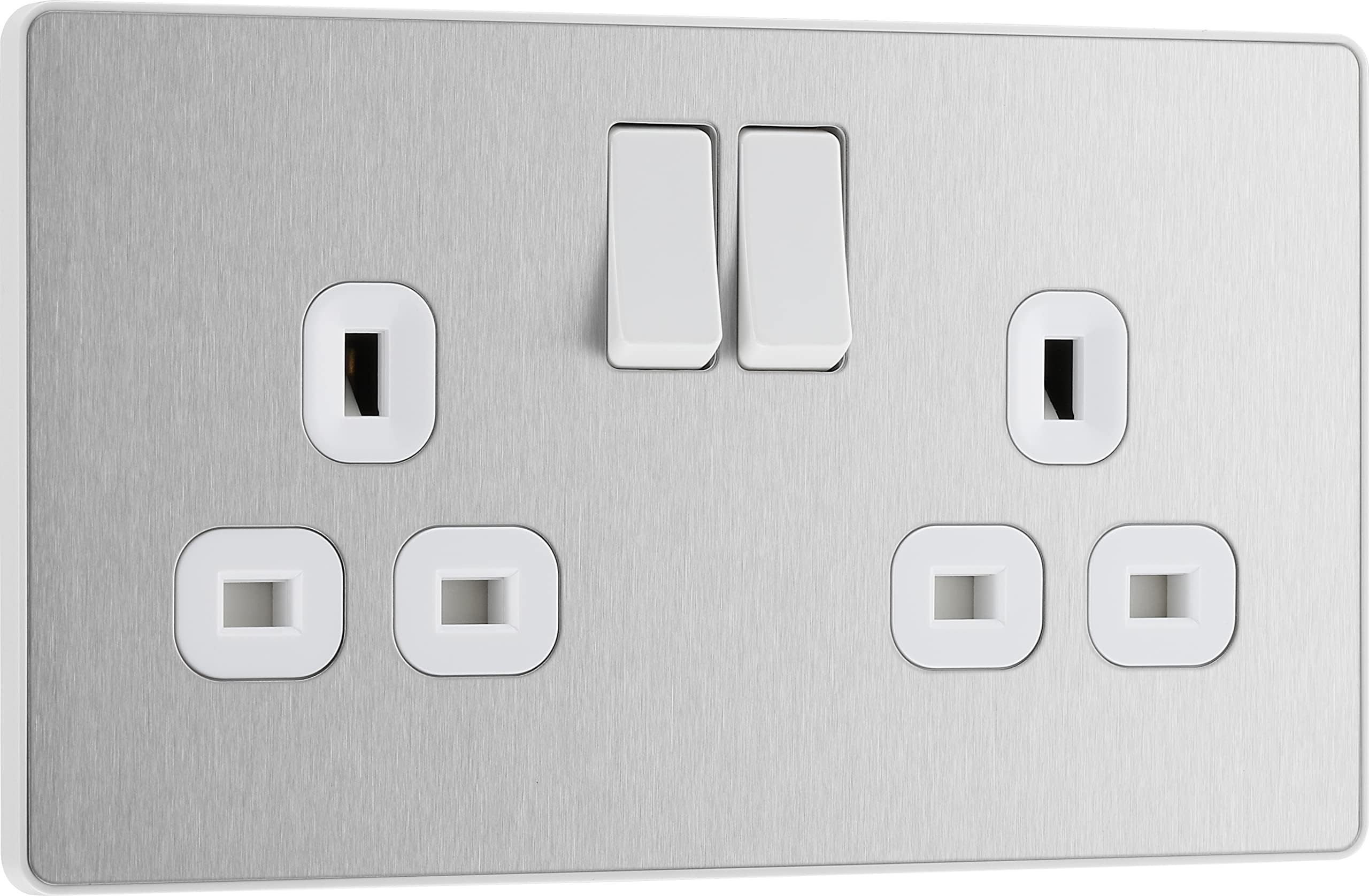 BG Electrical Double Switched Power Plug Wall Socket, Screwless, Evolve, Brushed Steel, 13A, PCDBS22W
