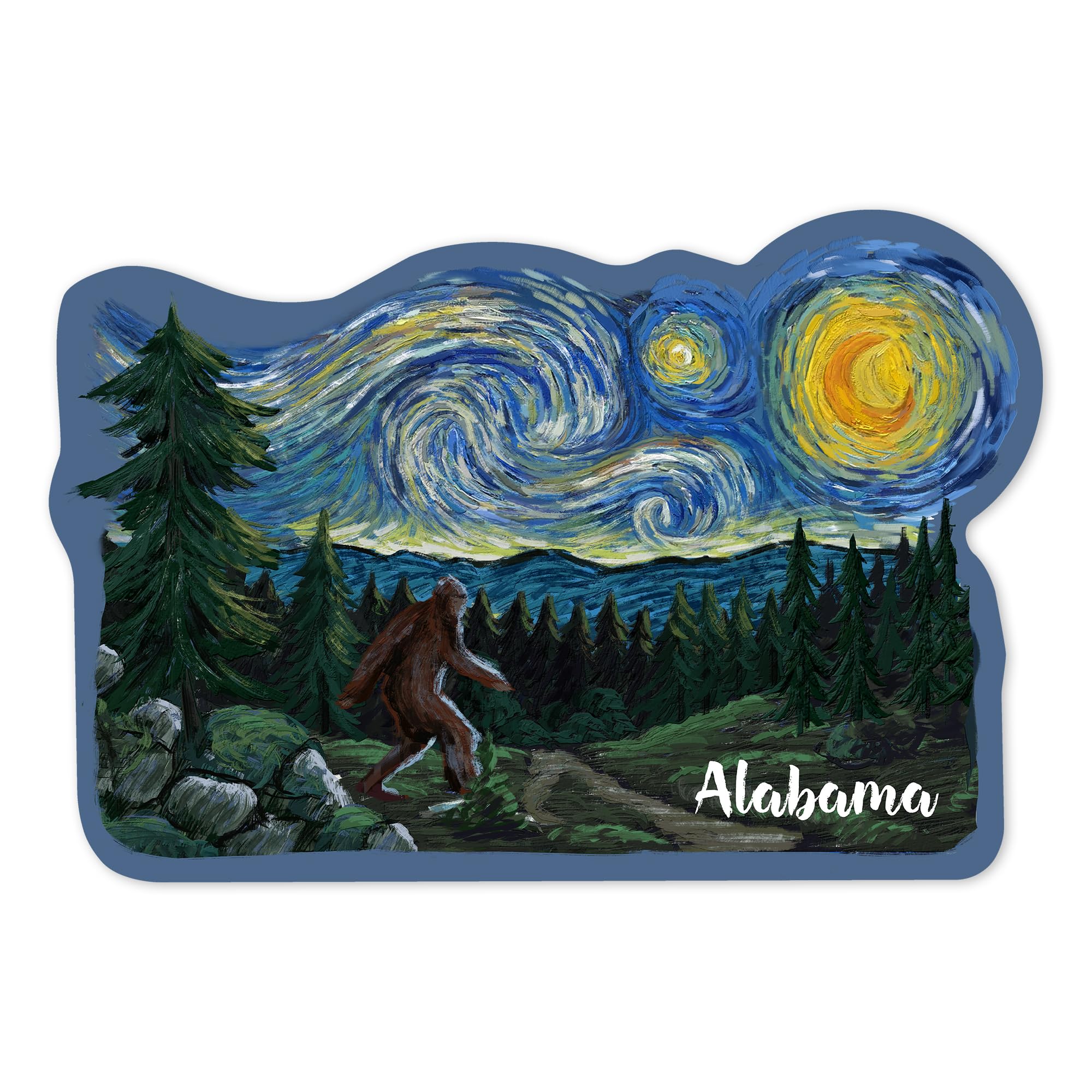 Die Cut Sticker Alabama, Starry Night, Bigfoot Vinyl Sticker, (Waterproof Decal for Cars, Water Bottles, Laptops, Coolers), Large