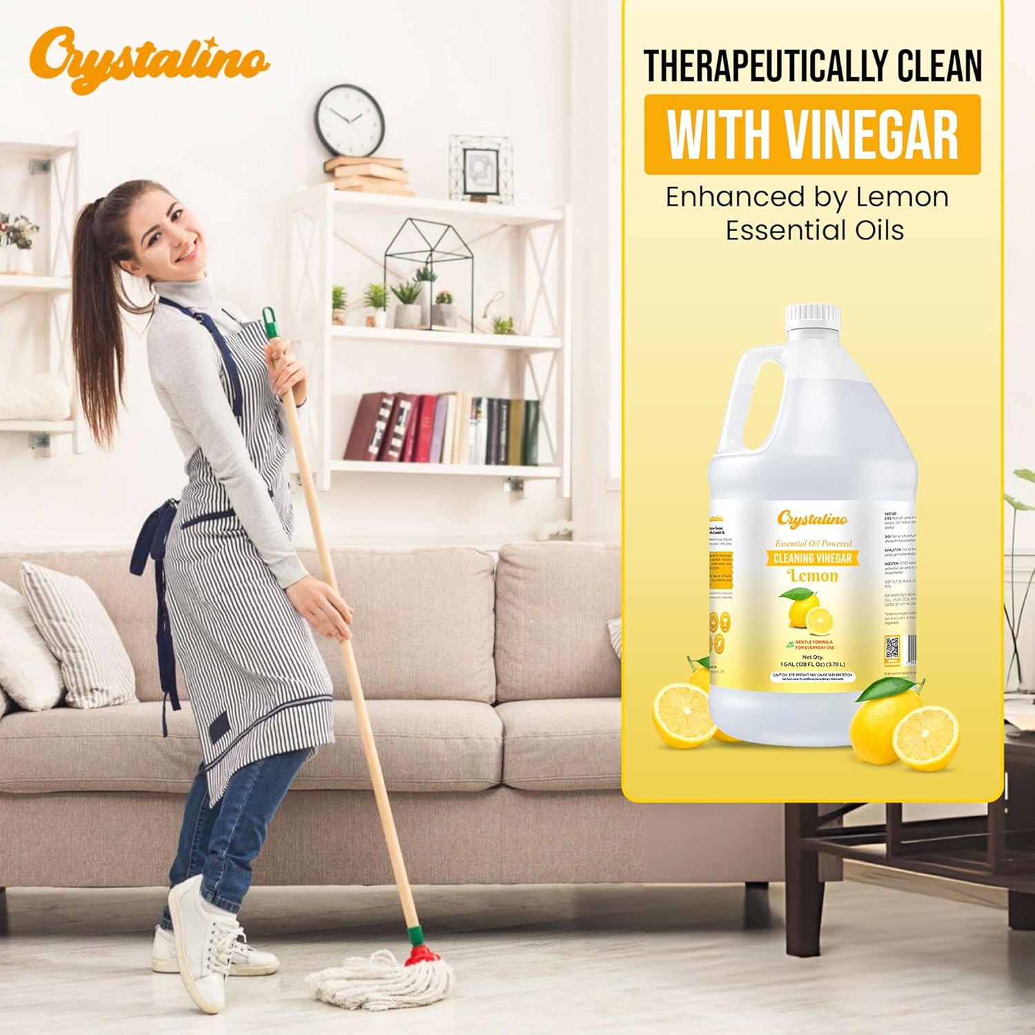 Lemon Essential Oil Cleaning Vinegar (1 Gallon) 6% Non-Toxic Distilled White, Vinegar for Cleaning Purpose, Vinagre Blanco, Vinger (128 Fl Oz (Pack of 1), Lemon)