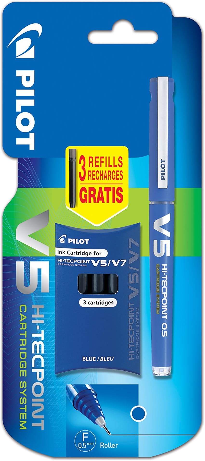 Pilot V5 Cartridge System Liquid Ink Rollerball 0.5 mm tip Single Pen with 3 Free Refills - Blue