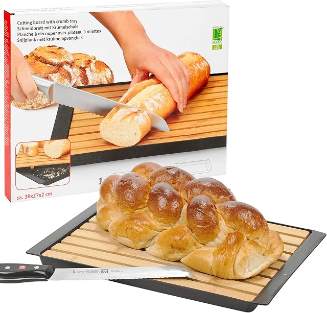 Wooden Bamboo Cutting Board with Metal Crumb Catcher Tray for Bread Chopping Slicing and Serving