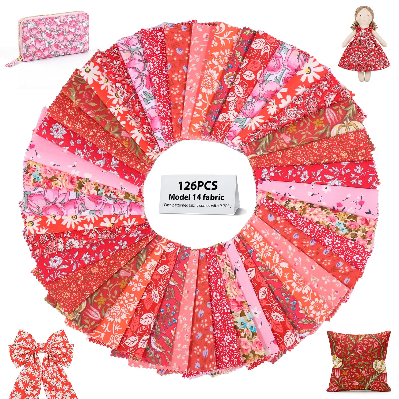 126Pcs Cotton Fabric Squares,12.7 X 12.7cm Precut Patchwork Fabric Bundle, Floral Craft Material Assortment for Quilting, Sewing, Scrapbooking & DIY Projects(Red)